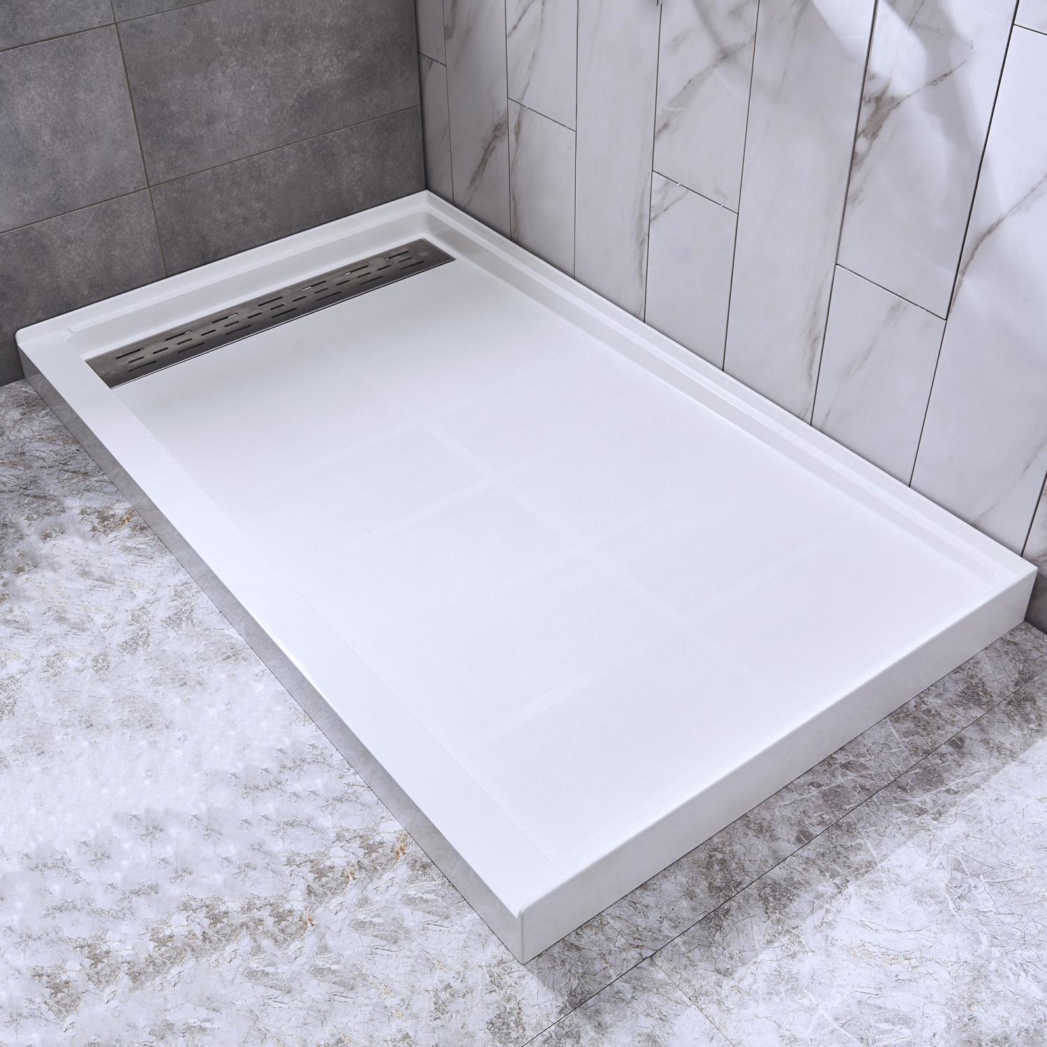WOODBRIDGE Solid Surface Shower Base with Recessed Trench Side Including Stainless Steel Linear Cover, 60" L x 36" W x 4" H,Left Drain White Color
