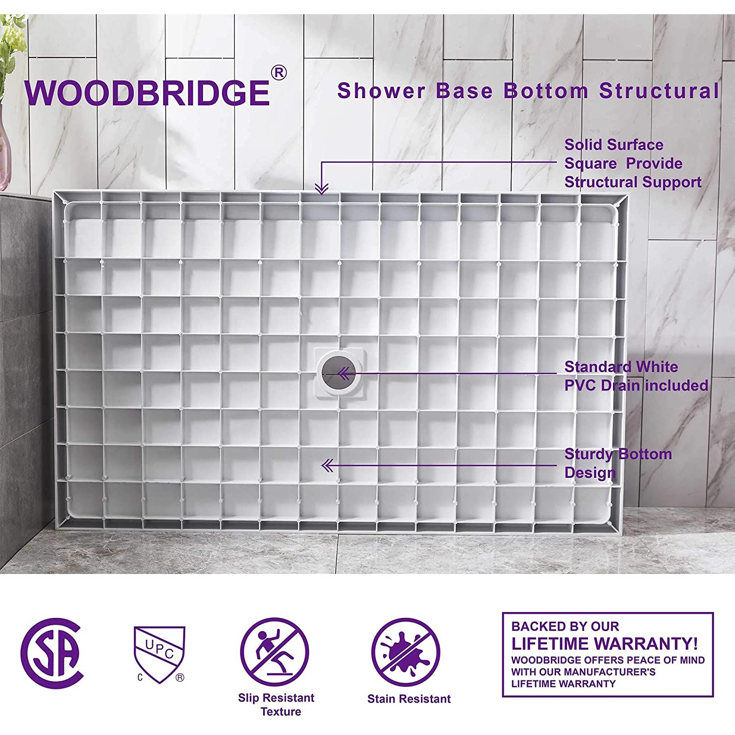 WOODBRIDGE Solid Surface Shower Base with Recessed Trench Side Including Stainless Steel Linear Cover, 48" L x 36" W x4 H,Center Drain White Color