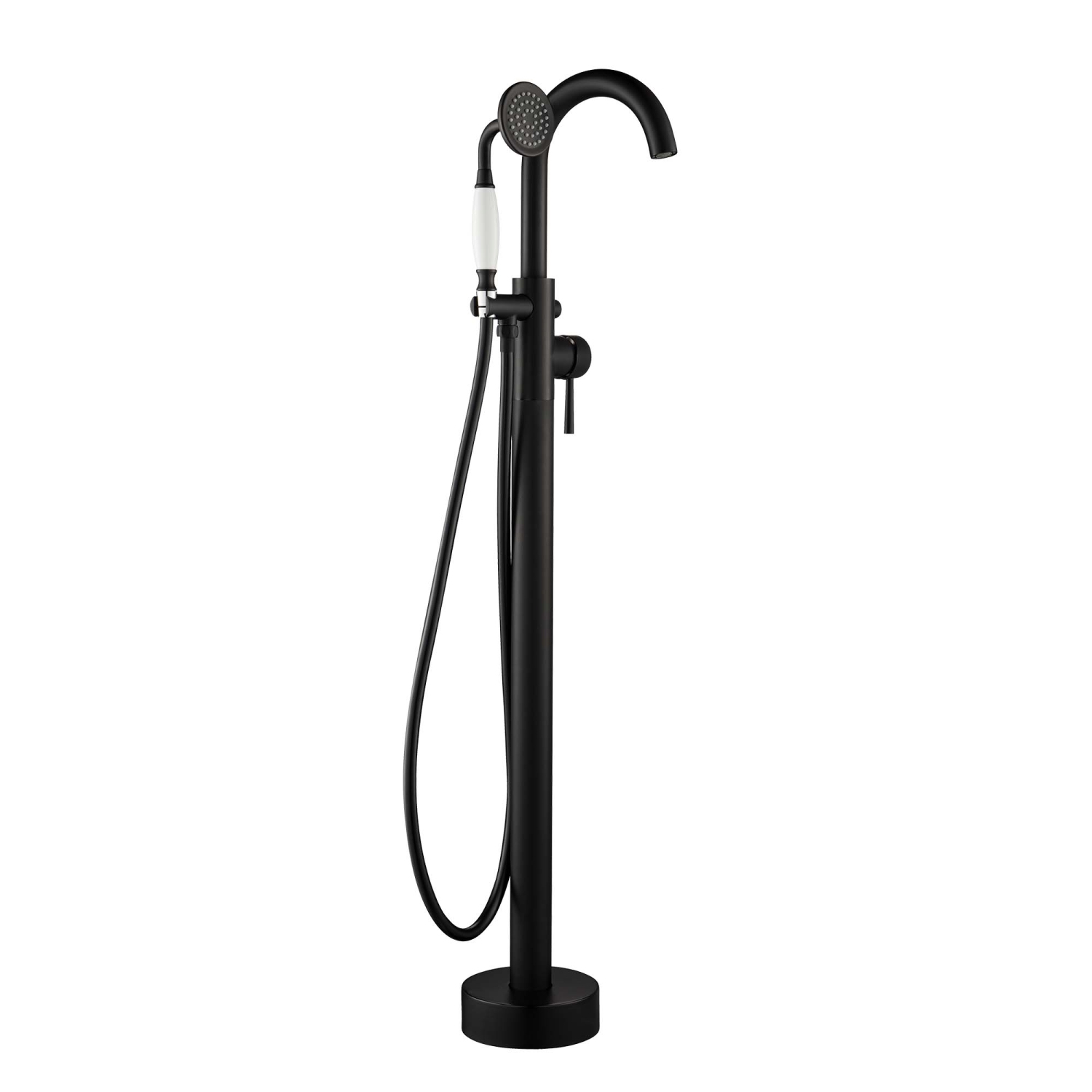 WOODBRIDGE Fusion Single Handle Floor Mount Freestanding Tub Filler Faucet with Telephone Hand shower in Matte Black Finish.