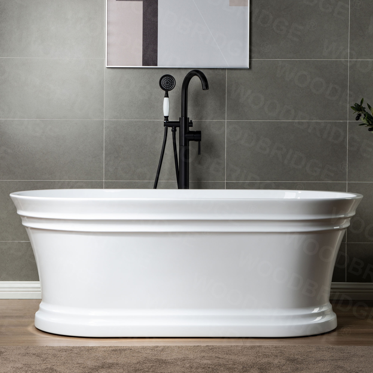 WOODBRIDGE Fusion Single Handle Floor Mount Freestanding Tub Filler Faucet with Telephone Hand shower in Matte Black Finish.