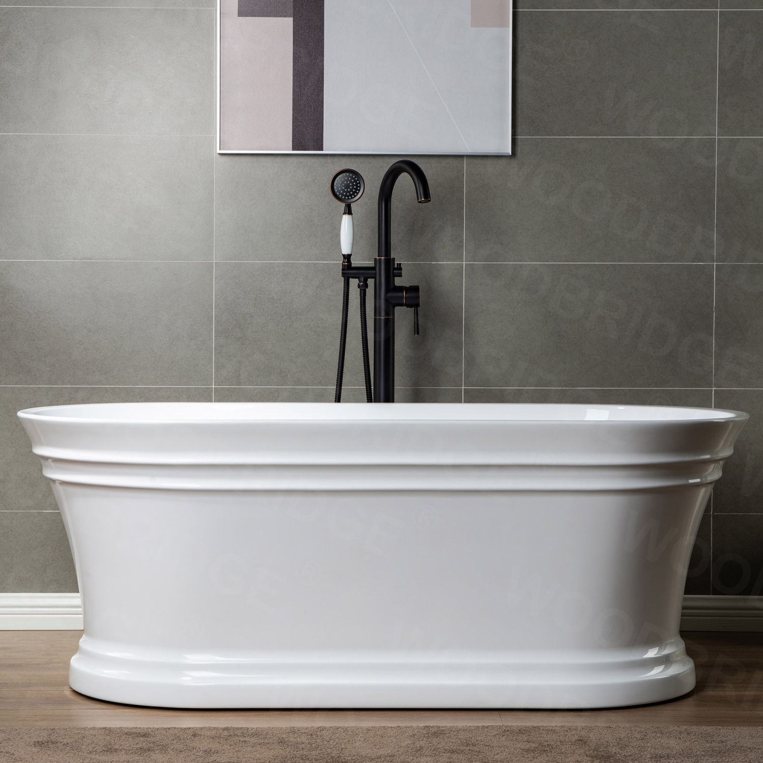 WOODBRIDGE Contemporary Single Handle Floor Mount Freestanding Tub Filler Faucet with Hand Shower in Finish
