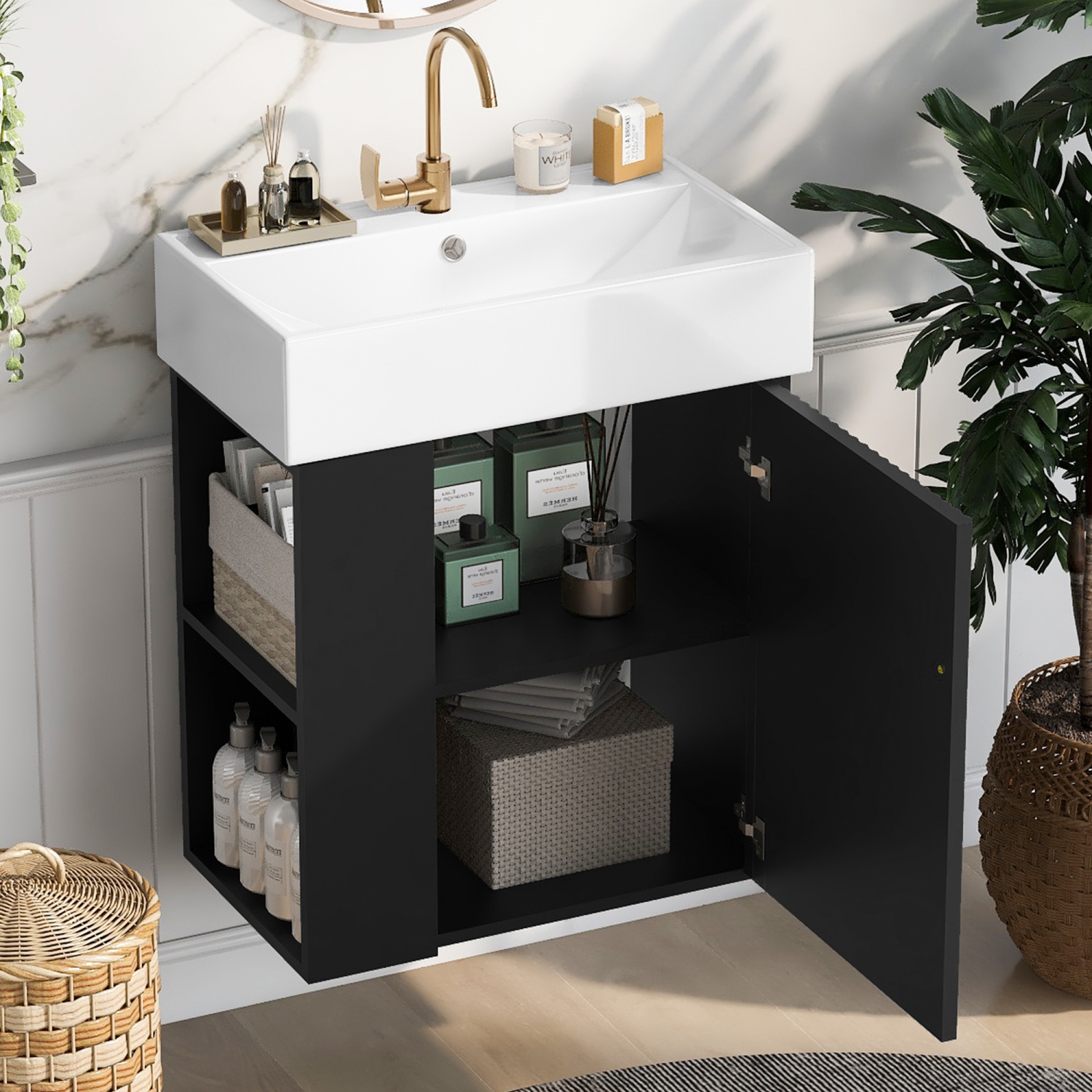 Homy Casa 36 in Green Wall-Mounted Bathroom Vanity with Ceramic Sink
