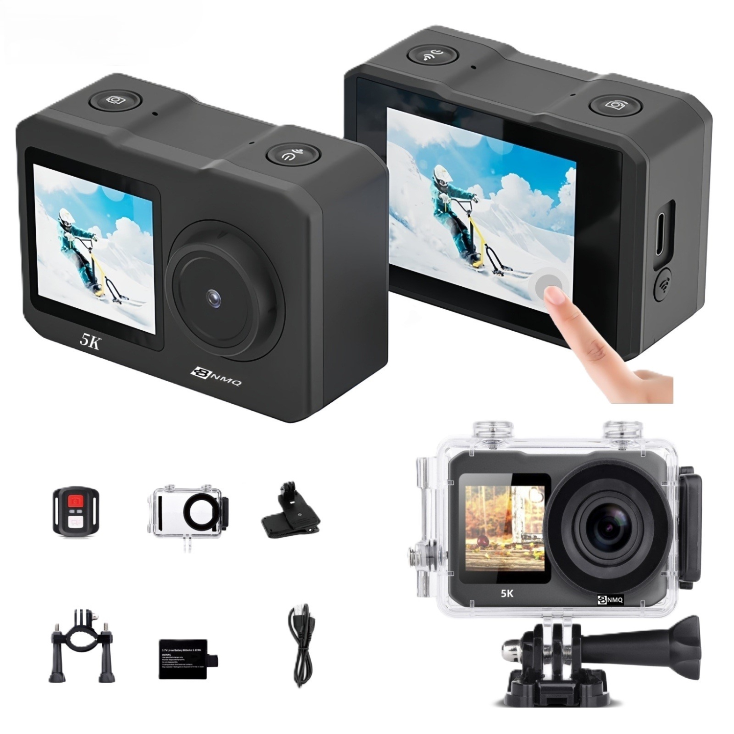 BNMQ 5K 30FPS / 4K 60FPS Action Camera With Dual Touch / Display Screen EIS Waterproof Underwater Remote Control and Bicycle Mounting Kit, Black