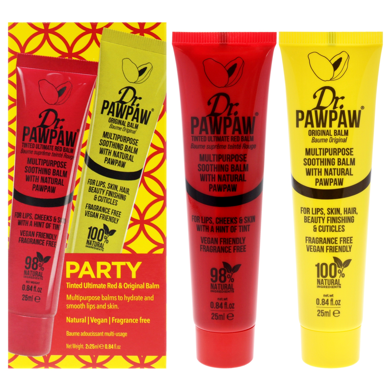 Party Set by Dr. PawPaw for Women - 2 Pc 0.84oz Multipurpose Soothing Tinted Balm - Ultimate Red, 0.84oz Multipurpose Soothing Original Balm