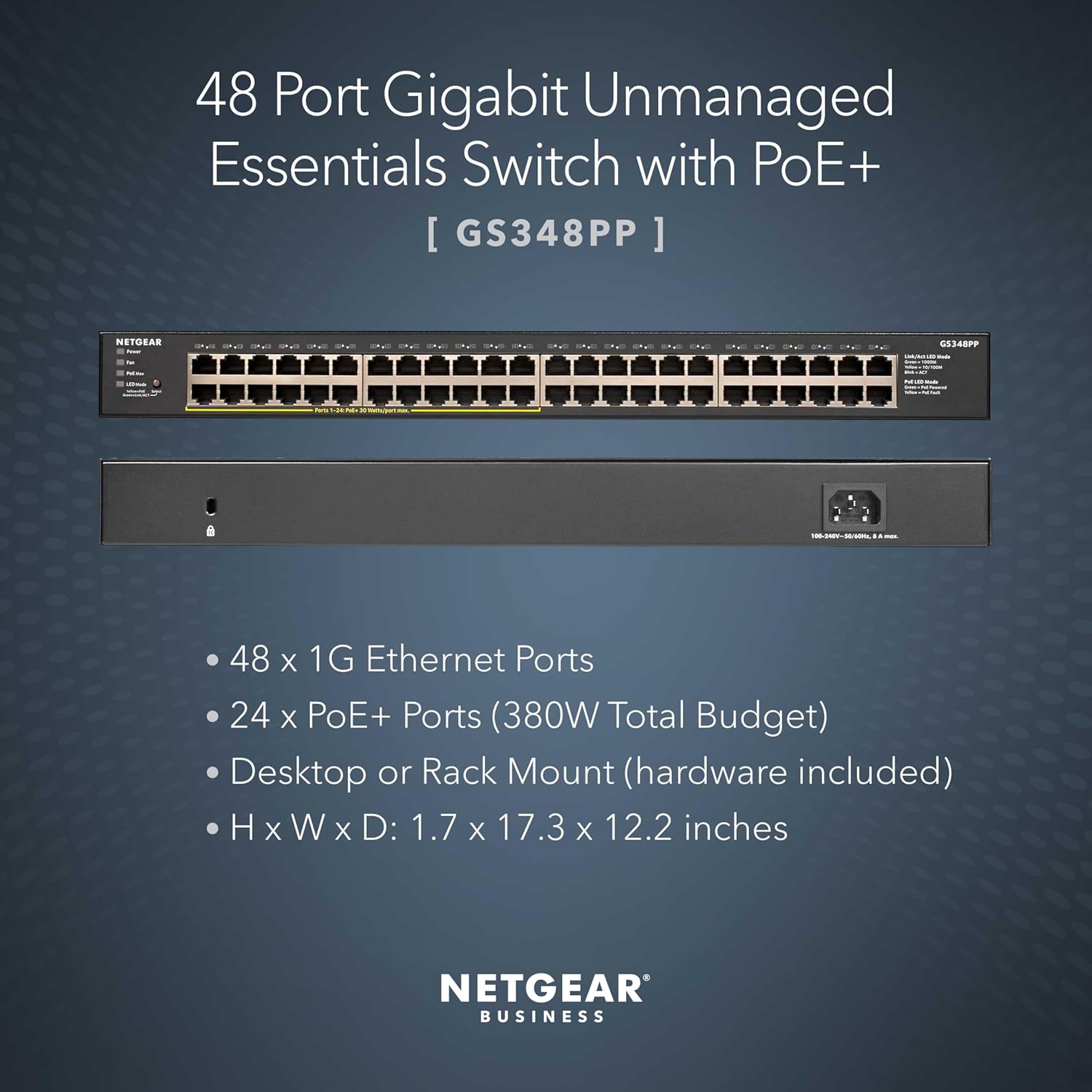 Refurbished – NetGear GS348PP 48-Port Gigabit Ethernet Unmanaged Switch with 24 PoE+ (380W) | Desktop/Rackmount | Ideal for Small Businesses, Offices