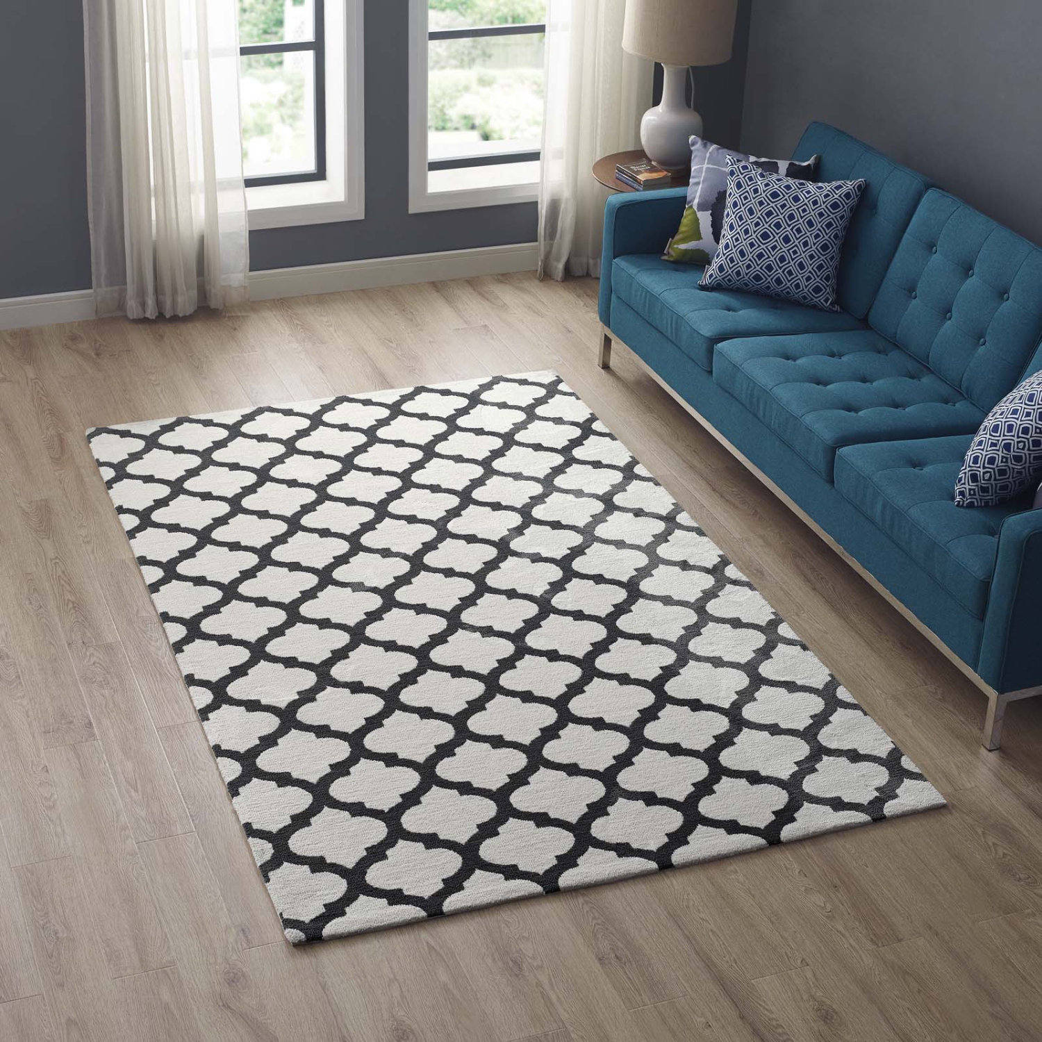 Modway Lida Moroccan Trellis 5x8 Area Rug in Ivory and Charcoal