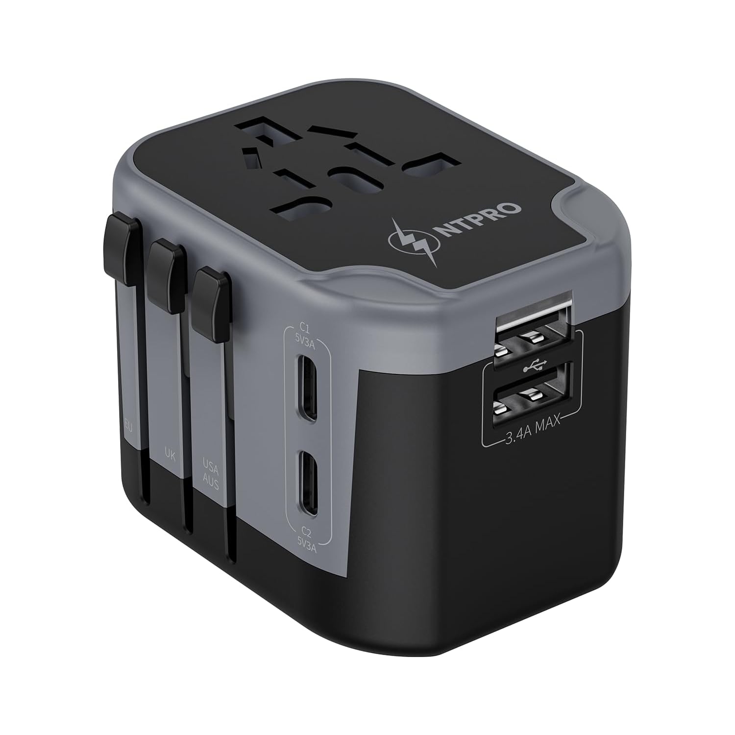 NTPRO Universal Travel Adapter | 5-in-1 with 2 USB-C & 2 USB-A | High Capacity 2400W, Fast Charging, Works in 200+ Countries, Black