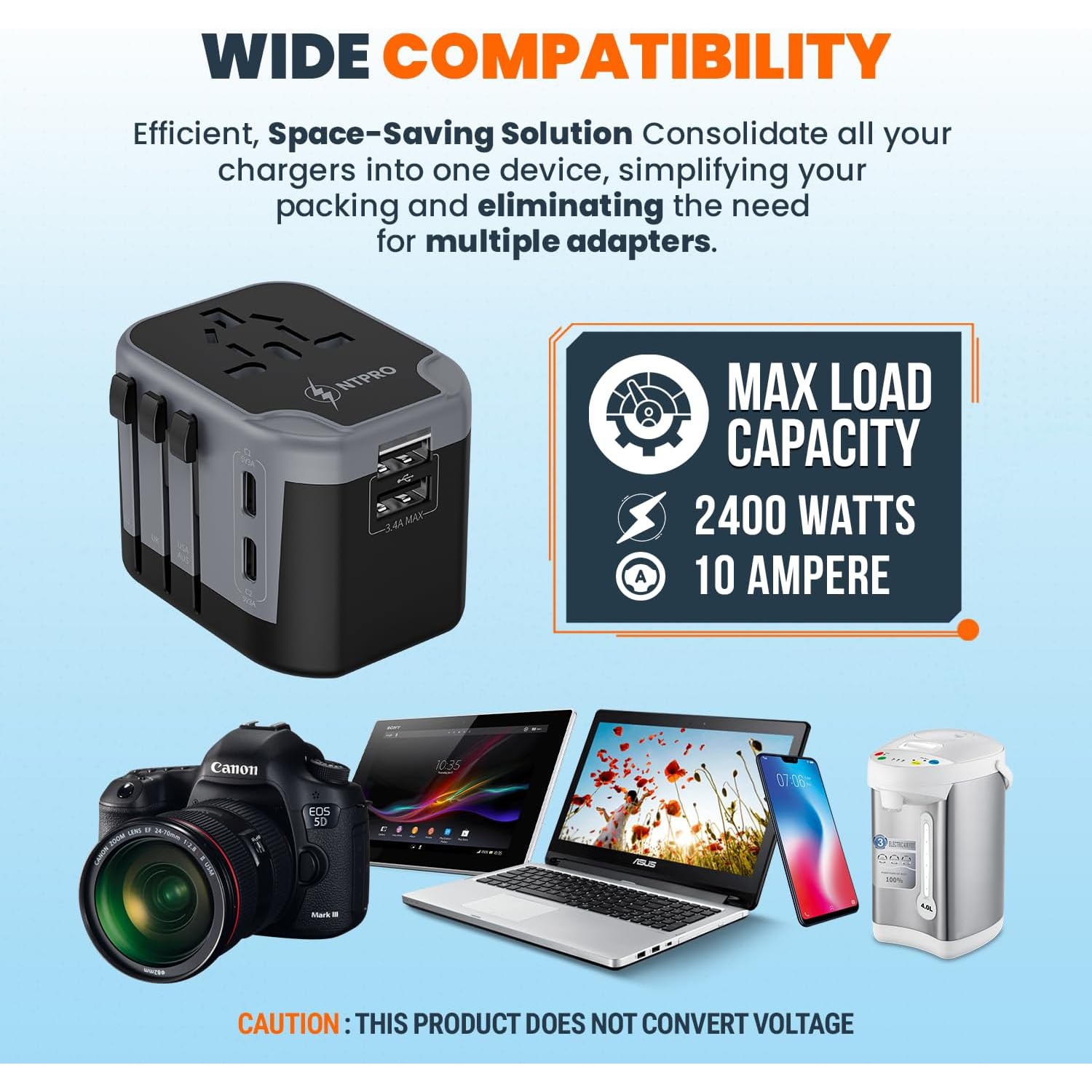 NTPRO Universal Travel Adapter | 5-in-1 with 2 USB-C & 2 USB-A | High Capacity 2400W, Fast Charging, Works in 200+ Countries, Black