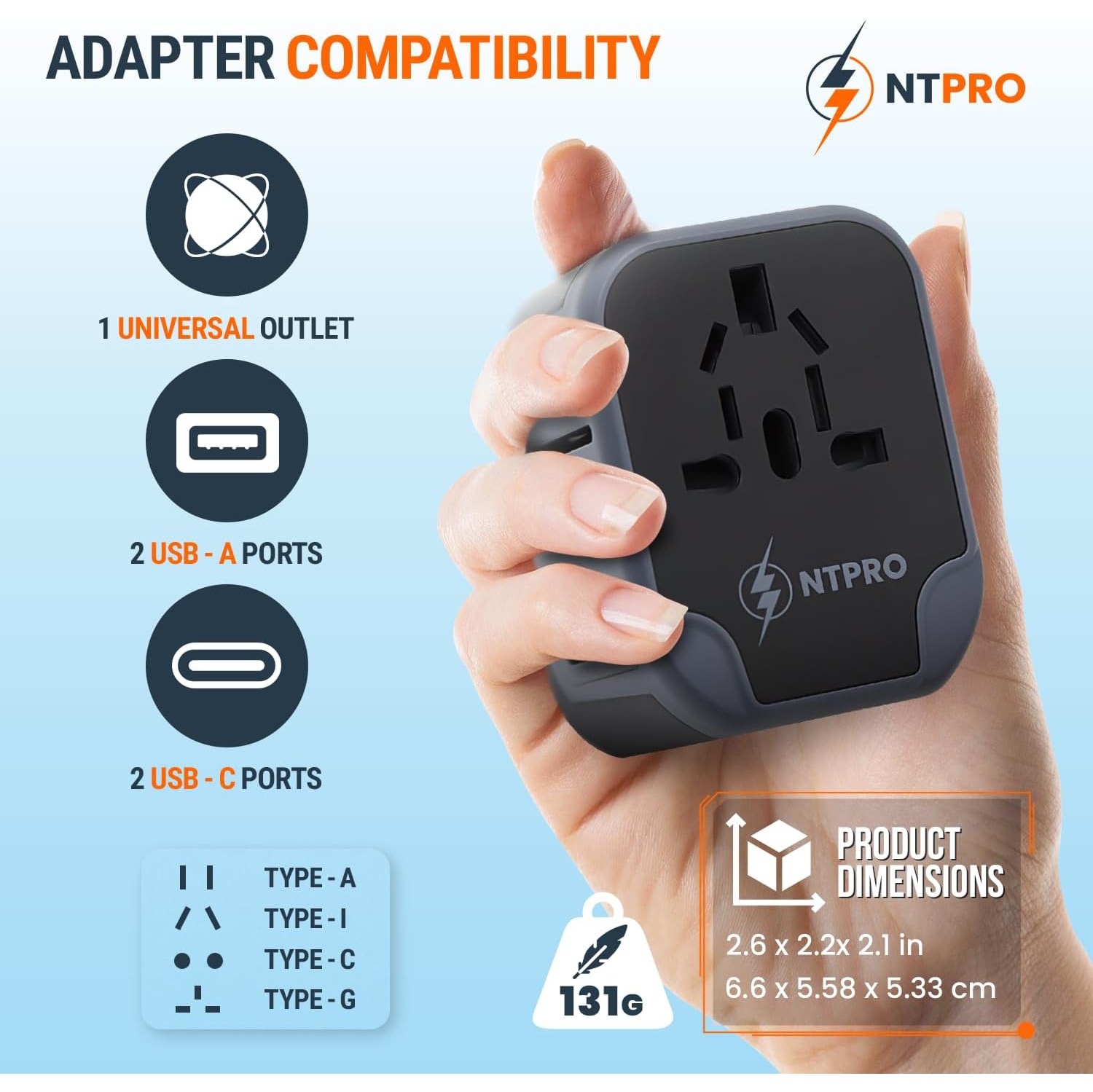 NTPRO Universal Travel Adapter | 5-in-1 with 2 USB-C & 2 USB-A | High Capacity 2400W, Fast Charging, Works in 200+ Countries, Black