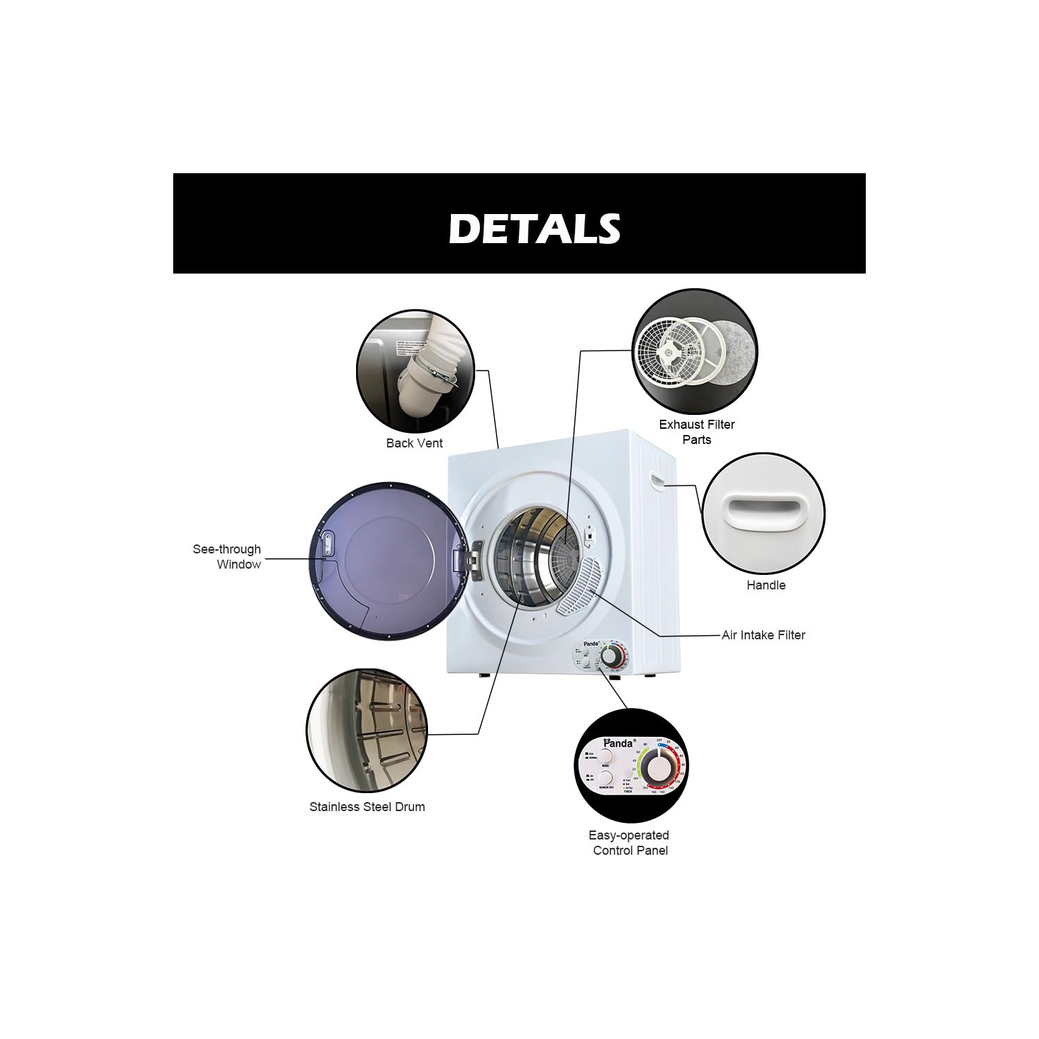 Sécheuse électrique compacte de 3,5 pi3 de Panda – Capacité 13&nbsp;lb, sécheuse portative silencieuse et écoénergétique avec tambour en acier