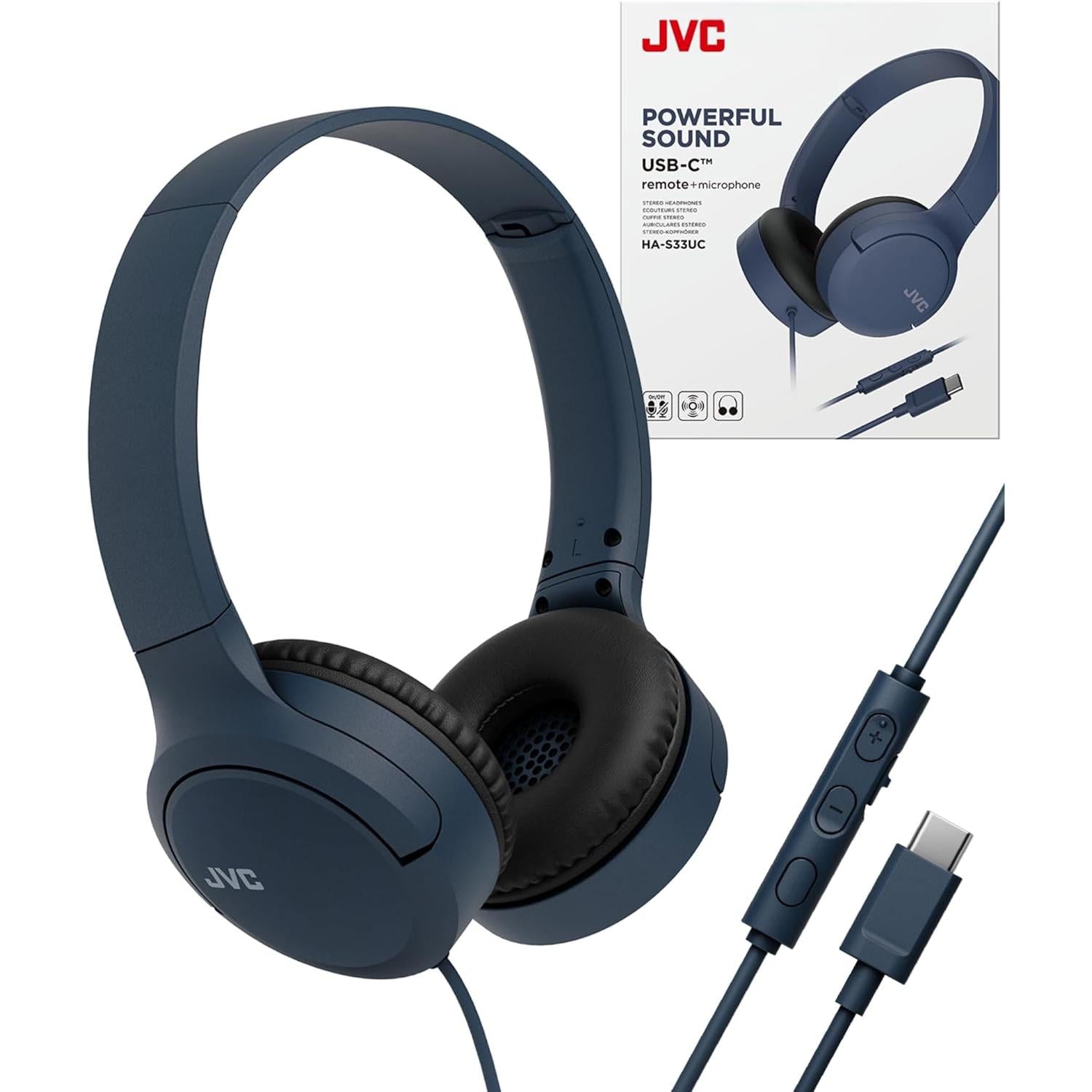 JVC – Écouteurs avec fil USB-C avec microphone – Léger, confortable, pliable, bleu – HA-S33UC-A.