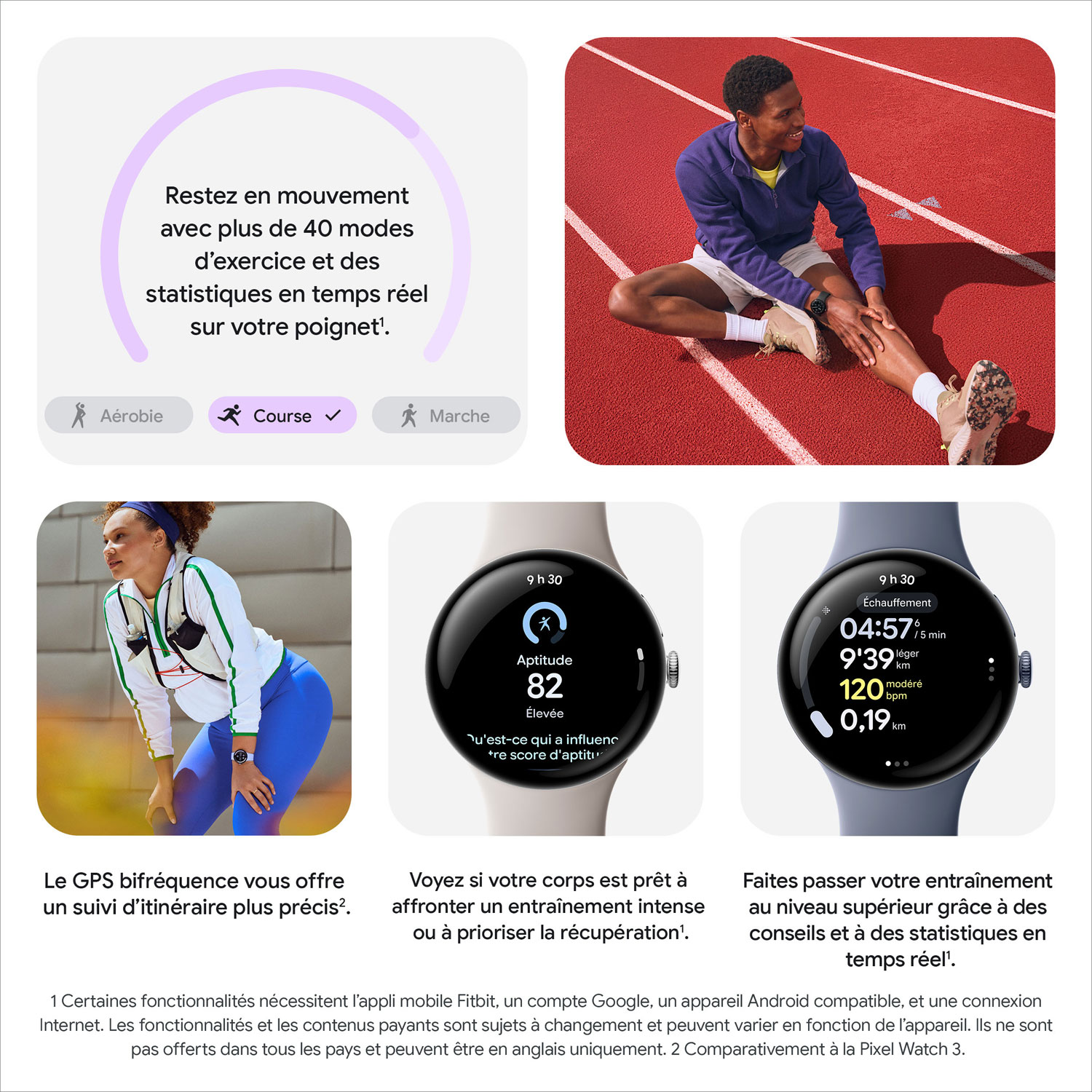 Montre Pixel Watch 4 41 mm de Google avec boîtier en aluminium argenté poli et bracelet sport porcelaine