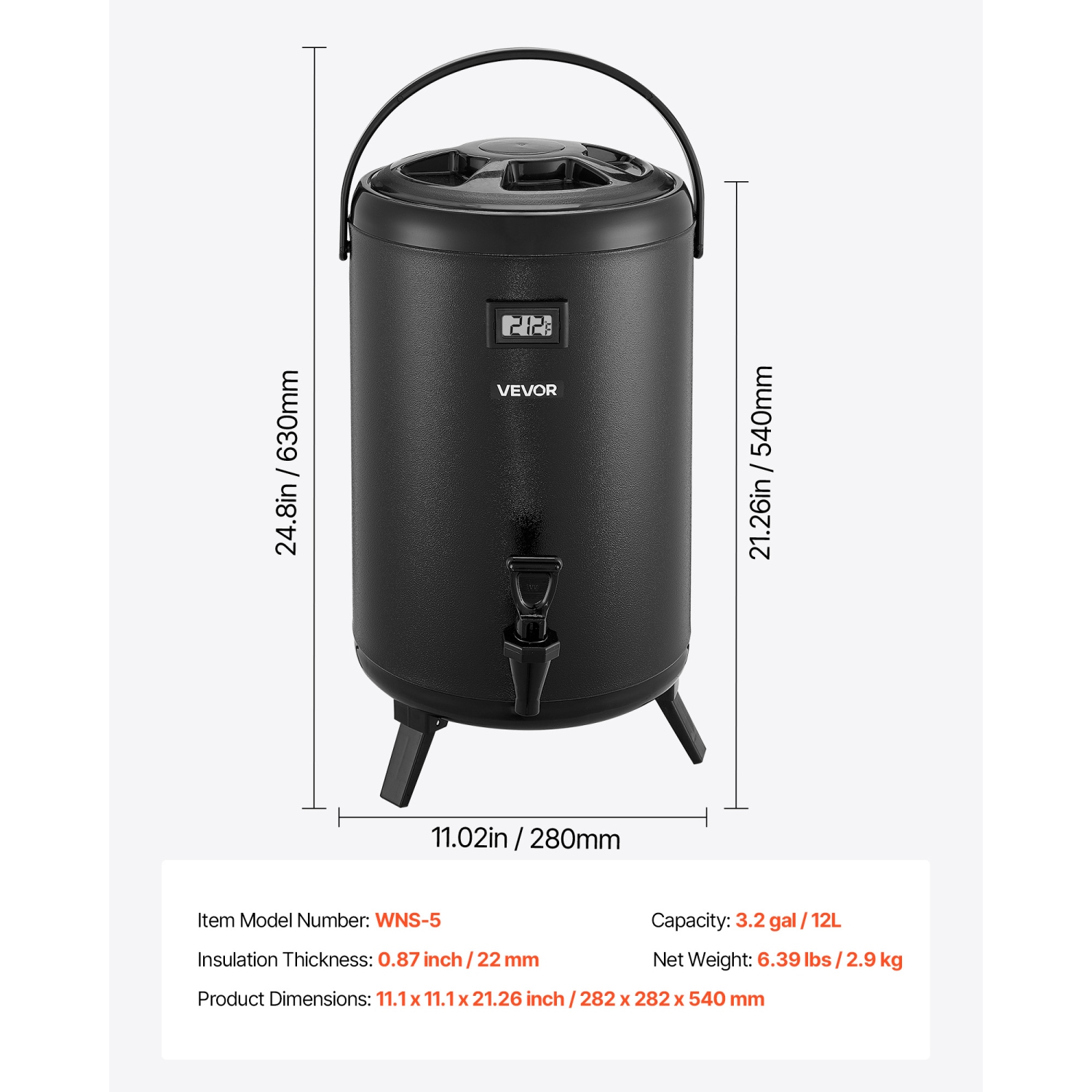 VEVOR 3.2 Gal/12L Insulated Beverage Dispenser, Stainless Steel Thermal Drink Server with Spigot & Temp Display,Suitable for Hot and Cold Drinks,for