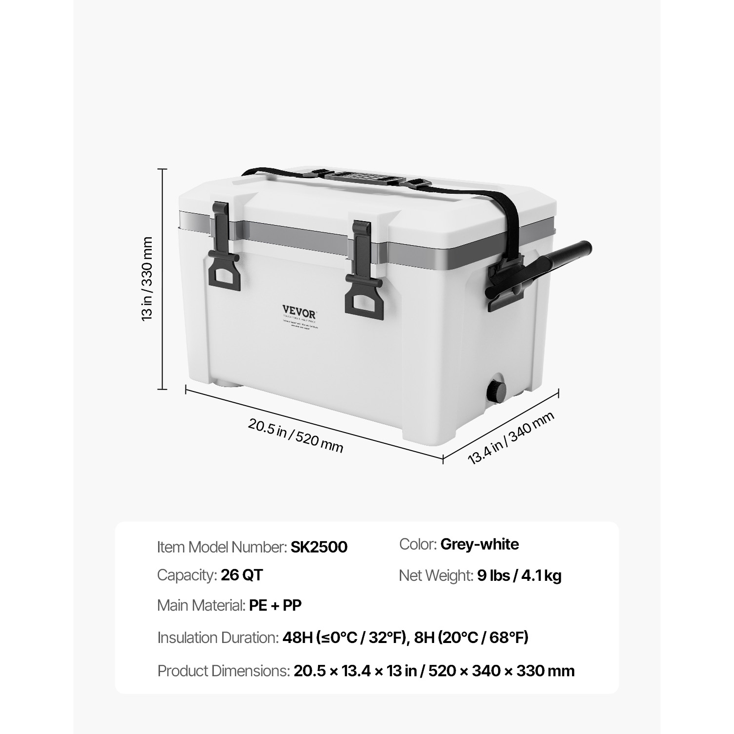 VEVOR 26 QT Portable Cooler, Hard Cooler with Ice Retention, Heavy-Duty Handles and Strap, Lightweight Rigid Material Insulated Portable Cooler,