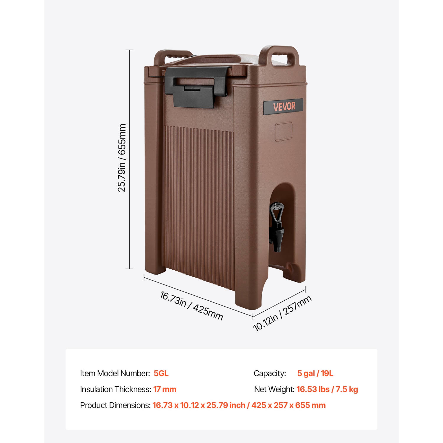 VEVOR 5 Gal/19L Insulated Beverage Dispenser, Hot and Cold Beverage Server with Spigot & Handle,Food-Grade Thermal Drink Dispenser Cooler for Tea