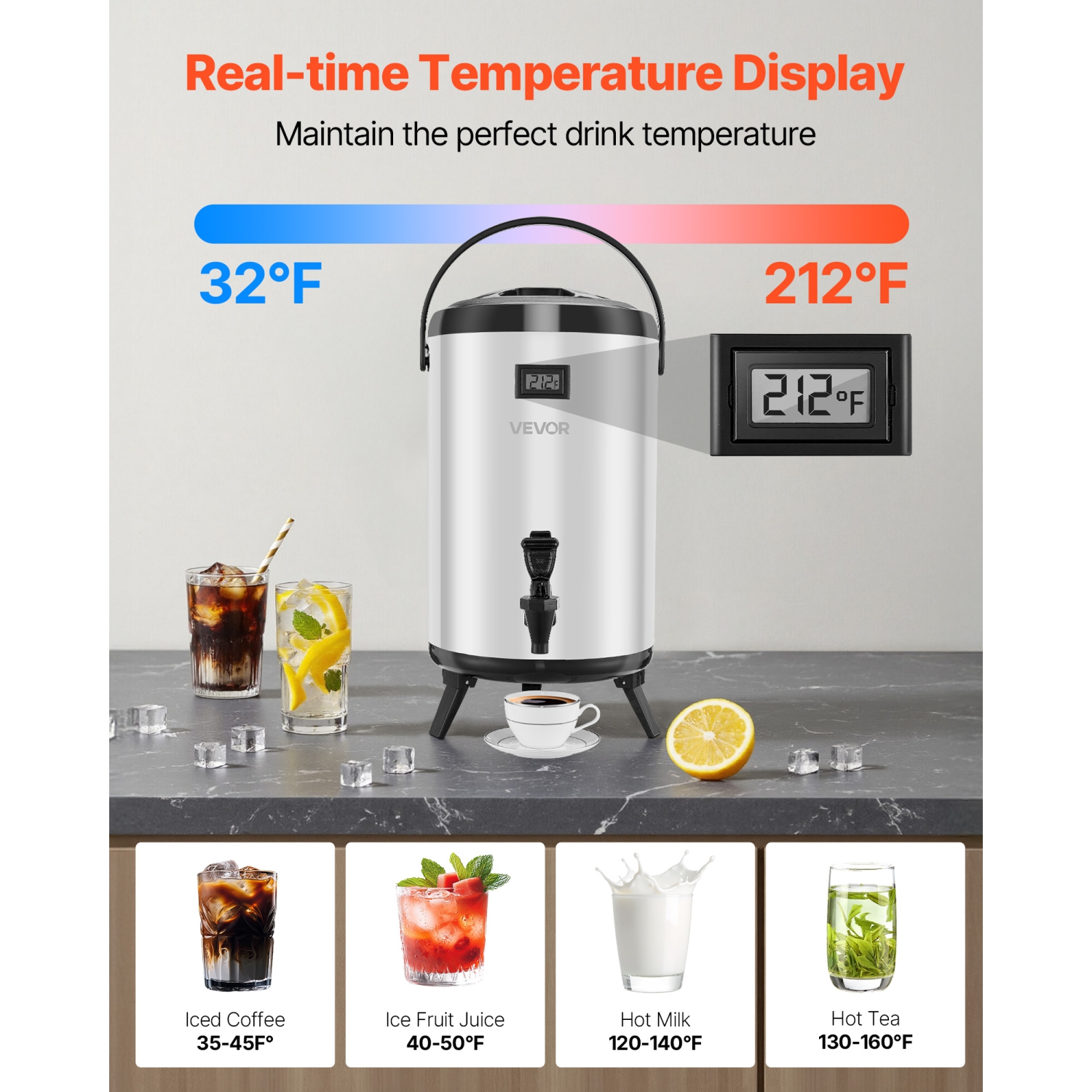 VEVOR 3.2 Gal/12L Insulated Beverage Dispenser,Stainless Steel Thermal Drink Server with Spigot & Temp Display,Suitable for Hot and Cold Drinks,for