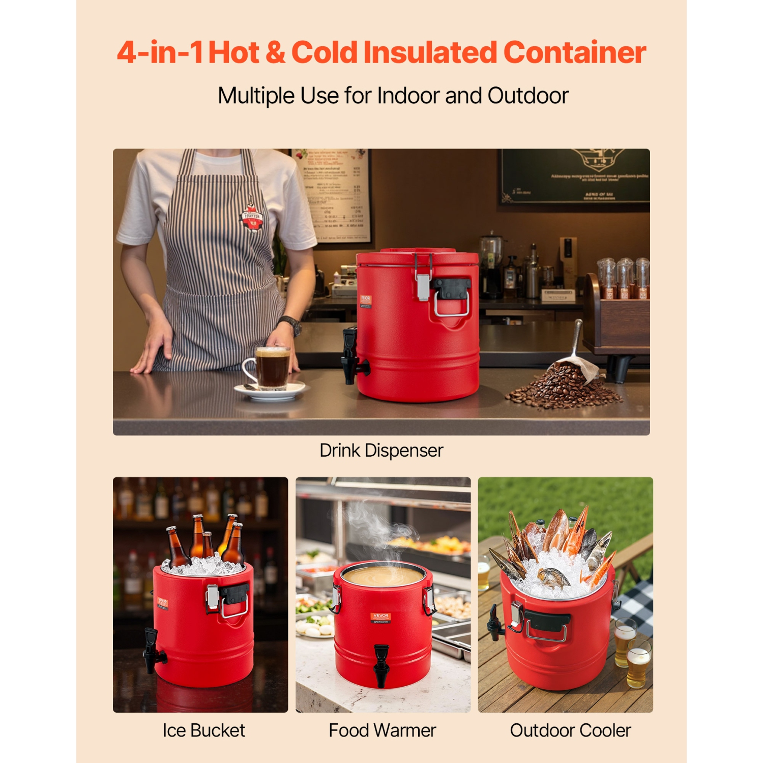 VEVOR 3 Gal/11.4L Insulated Beverage Dispenser, Thermal Hot and Cold Drink Server Dispenser with Spigot, Food-Grade Cooler Jug with 304 Stainless