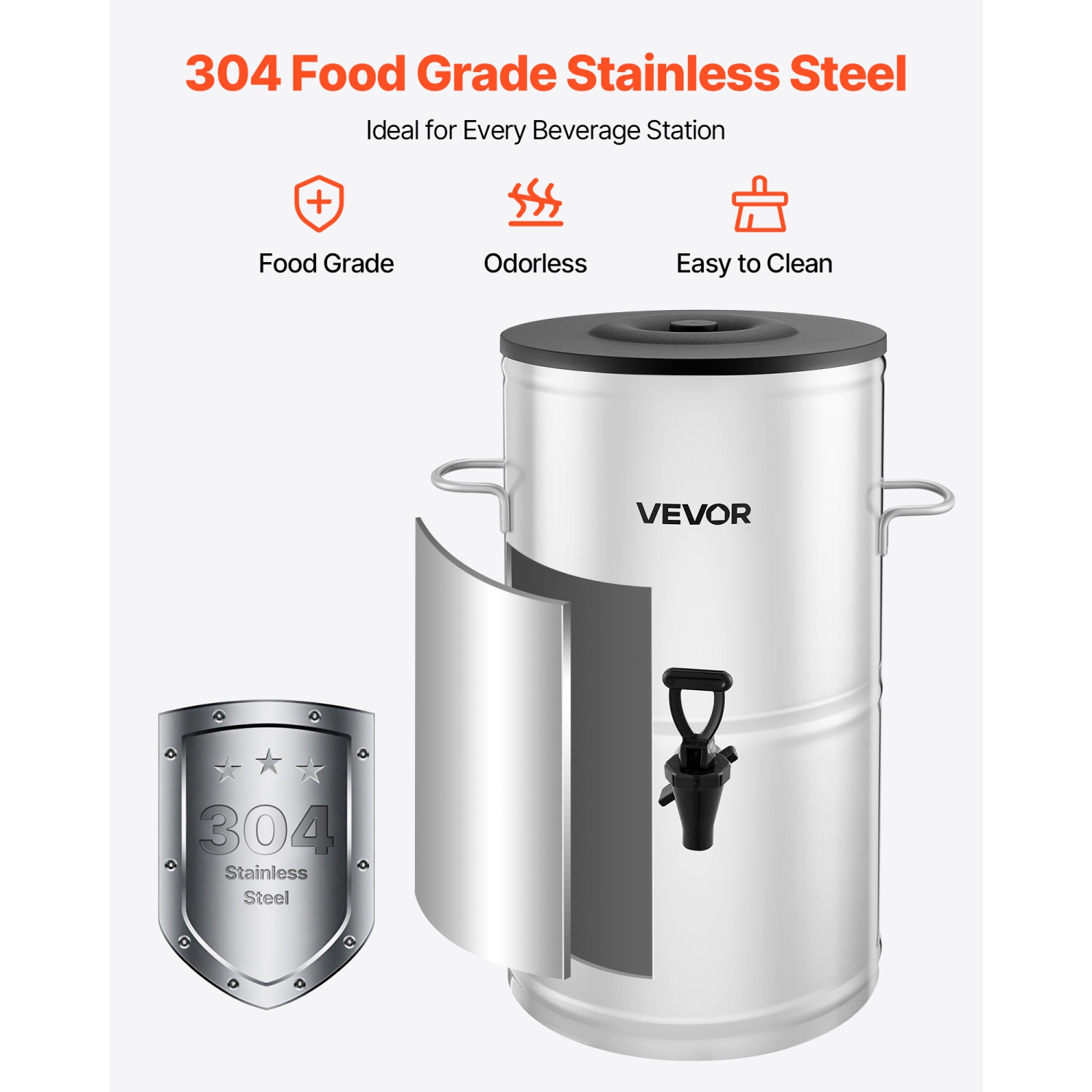 VEVOR 4 Gal/15L Ice Tea Dispenser, 304 Stainless Steel Beverage Dispenser with Spigot & Handle, Suitable for Hot and Cold Drinks, for Iced Tea Coffee