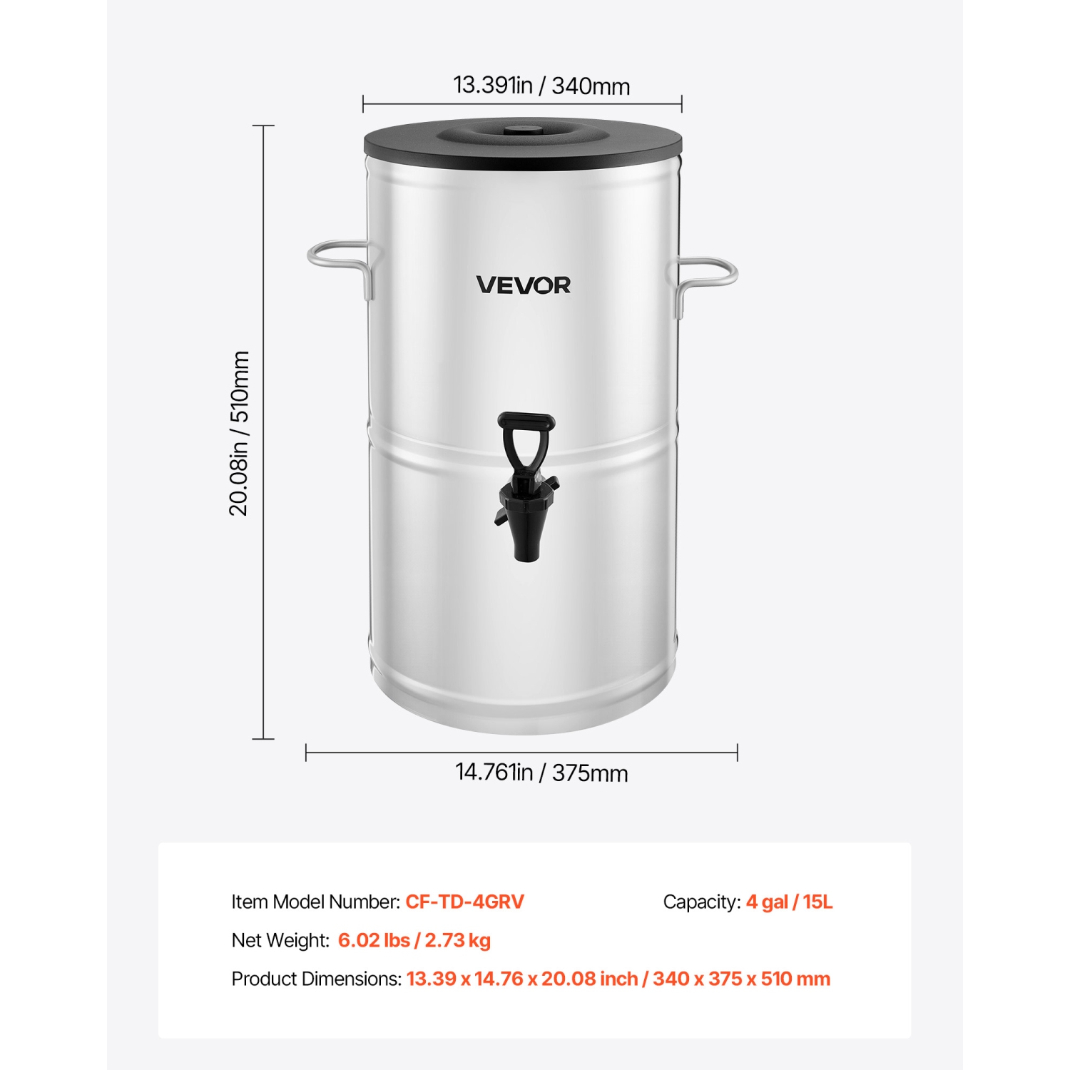 VEVOR 4 Gal/15L Ice Tea Dispenser, 304 Stainless Steel Beverage Dispenser with Spigot & Handle, Suitable for Hot and Cold Drinks, for Iced Tea Coffee