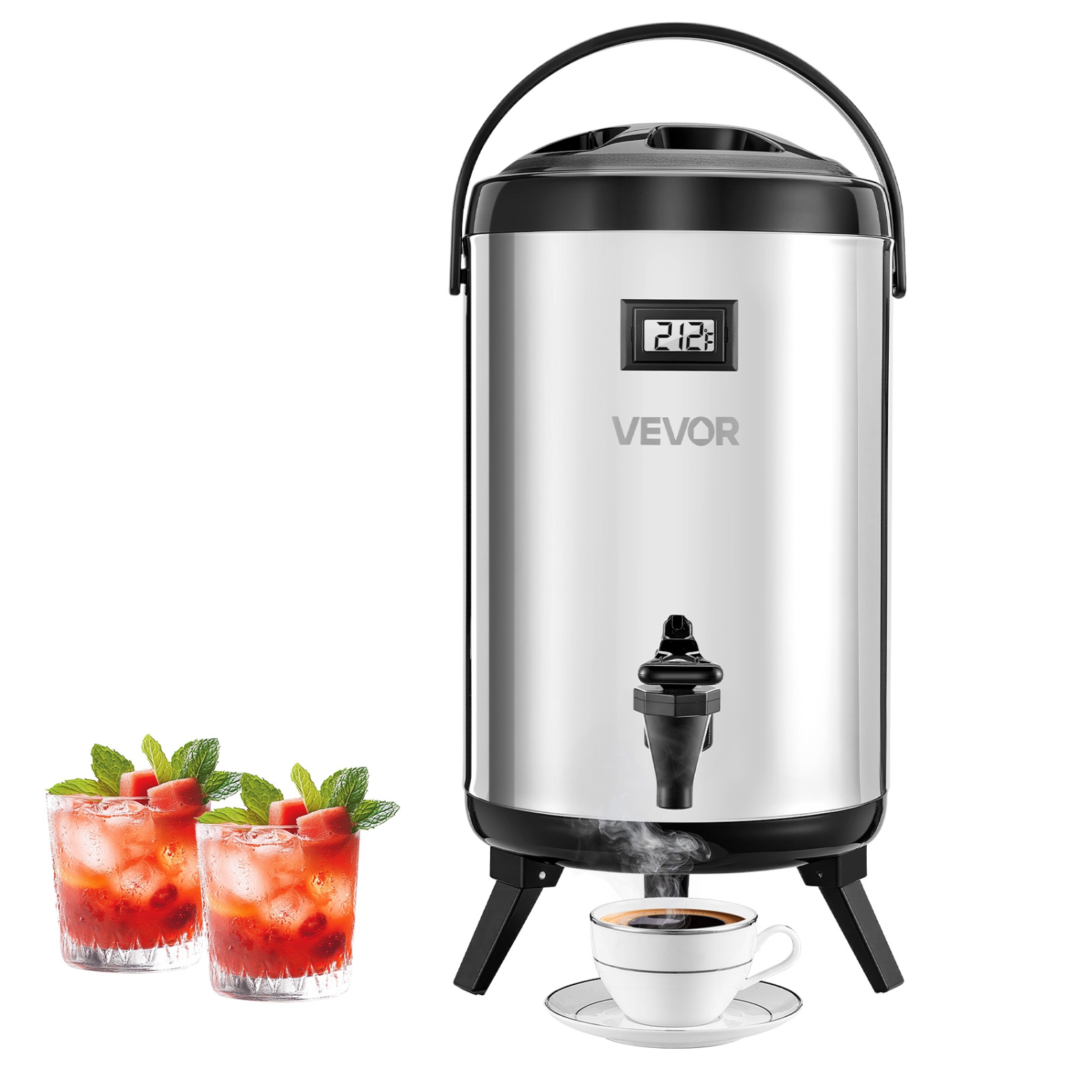VEVOR 2 Gal/7.6L Insulated Beverage Dispenser, Stainless Steel Thermal Drink Server with Spigot & Temp Display,Suitable for Hot and Cold Drinks,for