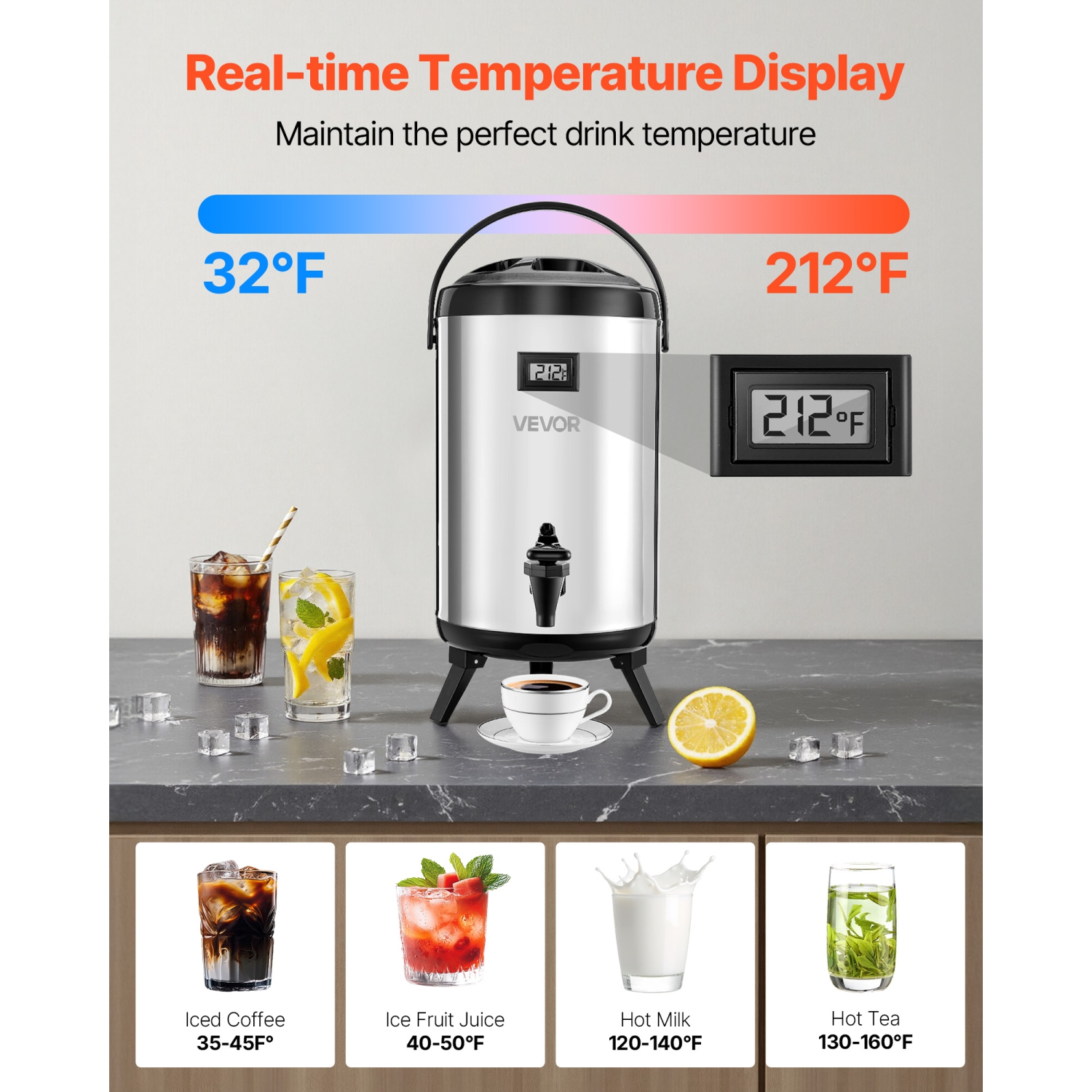 VEVOR 2 Gal/7.6L Insulated Beverage Dispenser, Stainless Steel Thermal Drink Server with Spigot & Temp Display,Suitable for Hot and Cold Drinks,for