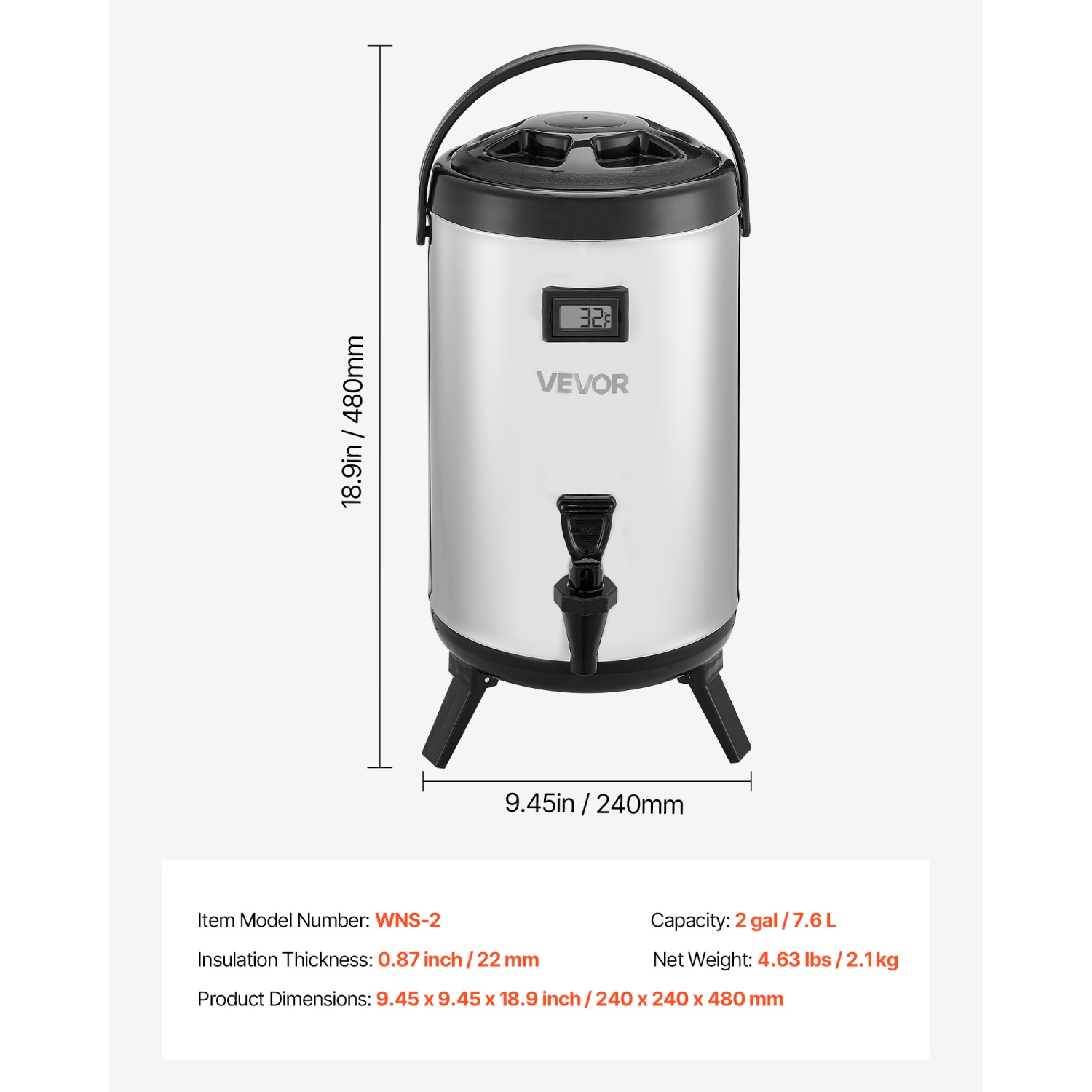 VEVOR 2 Gal/7.6L Insulated Beverage Dispenser, Stainless Steel Thermal Drink Server with Spigot & Temp Display,Suitable for Hot and Cold Drinks,for