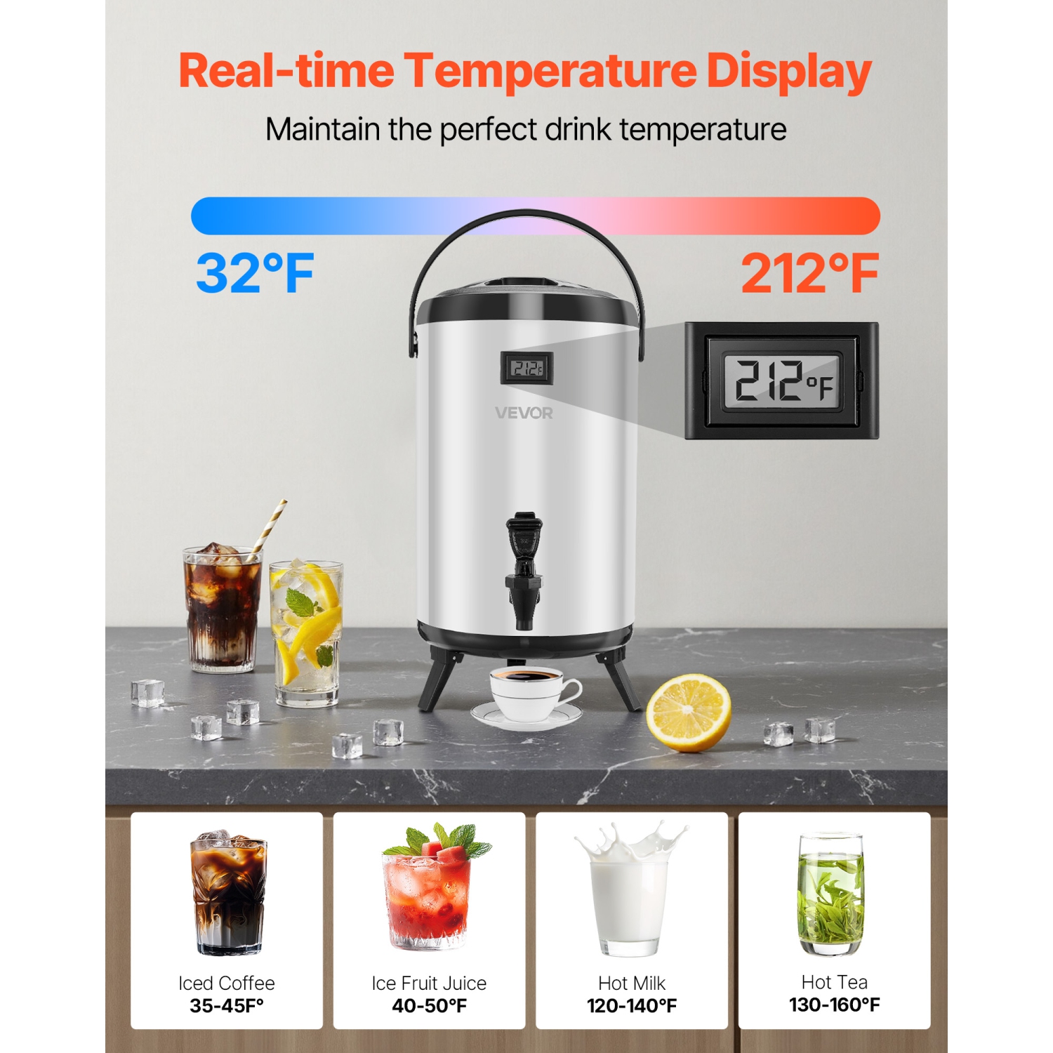 VEVOR 3.2 Gal/12L Insulated Beverage Dispenser,Stainless Steel Thermal Drink Server with Spigot & Temp Display,Suitable for Hot and Cold Drinks,for