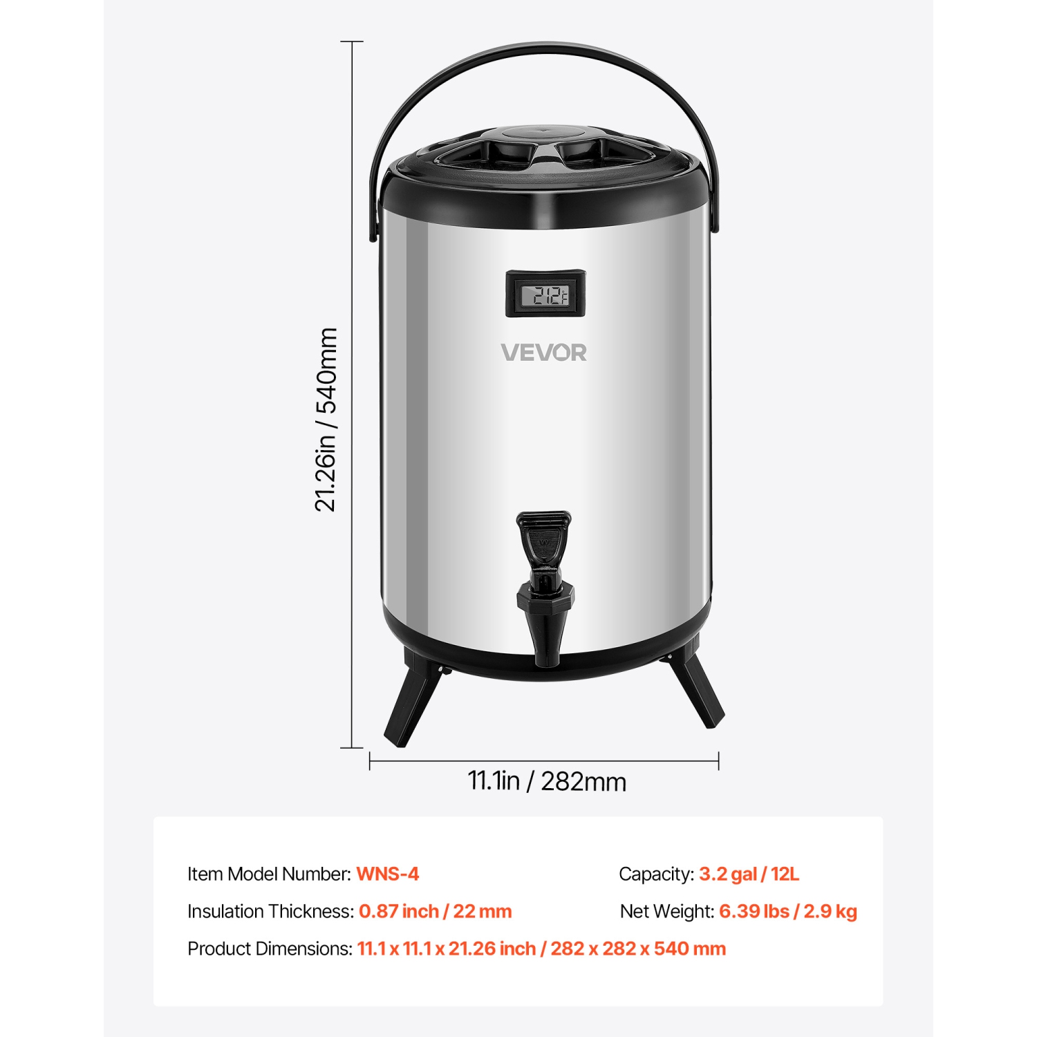 VEVOR 3.2 Gal/12L Insulated Beverage Dispenser,Stainless Steel Thermal Drink Server with Spigot & Temp Display,Suitable for Hot and Cold Drinks,for