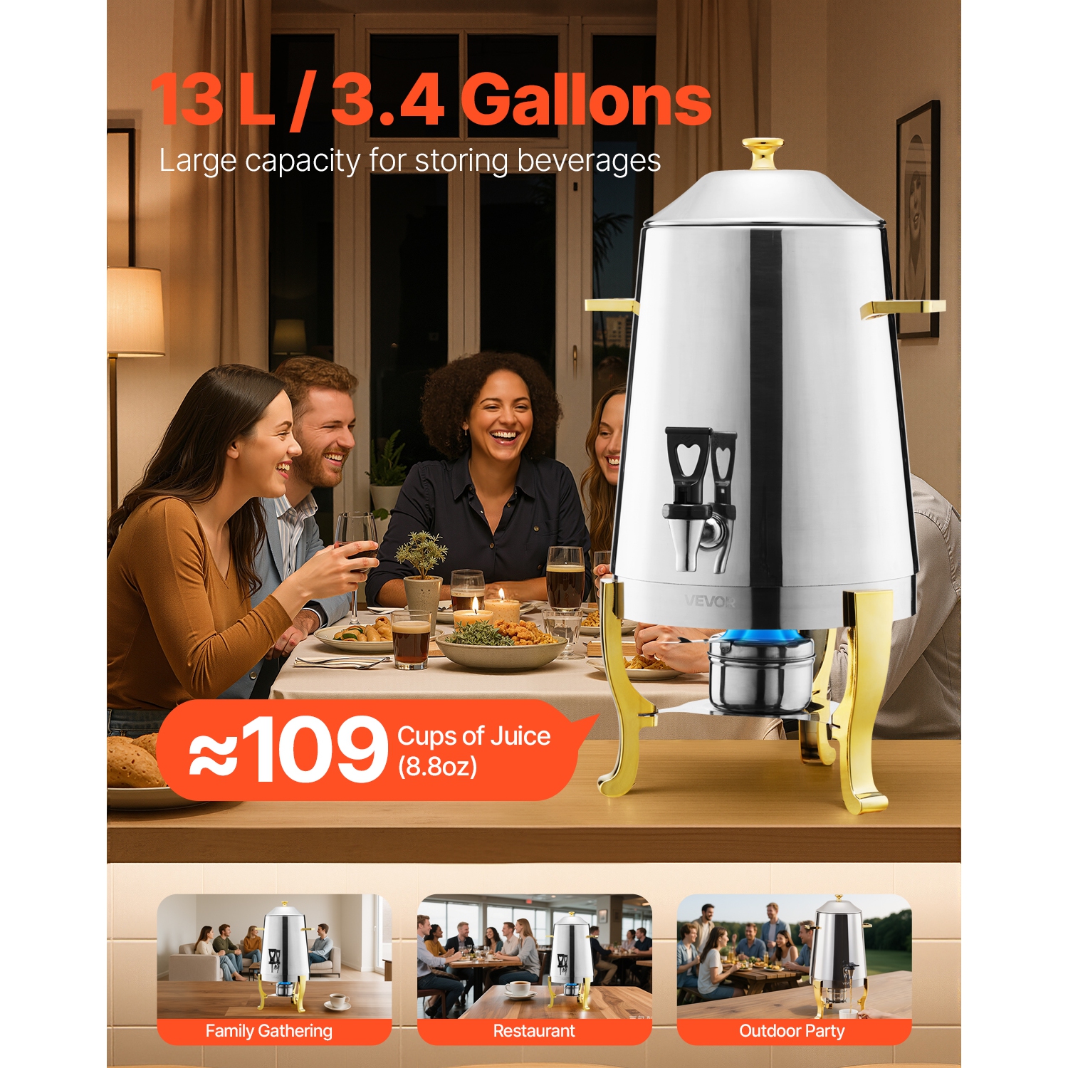 VEVOR 3.4 Gallon Stainless Steel Beverage Dispenser, Drink Dispenser with Alcohol Burner, Hot & Cold Drink Dispensers with Spigot for Coffee Tea Hot