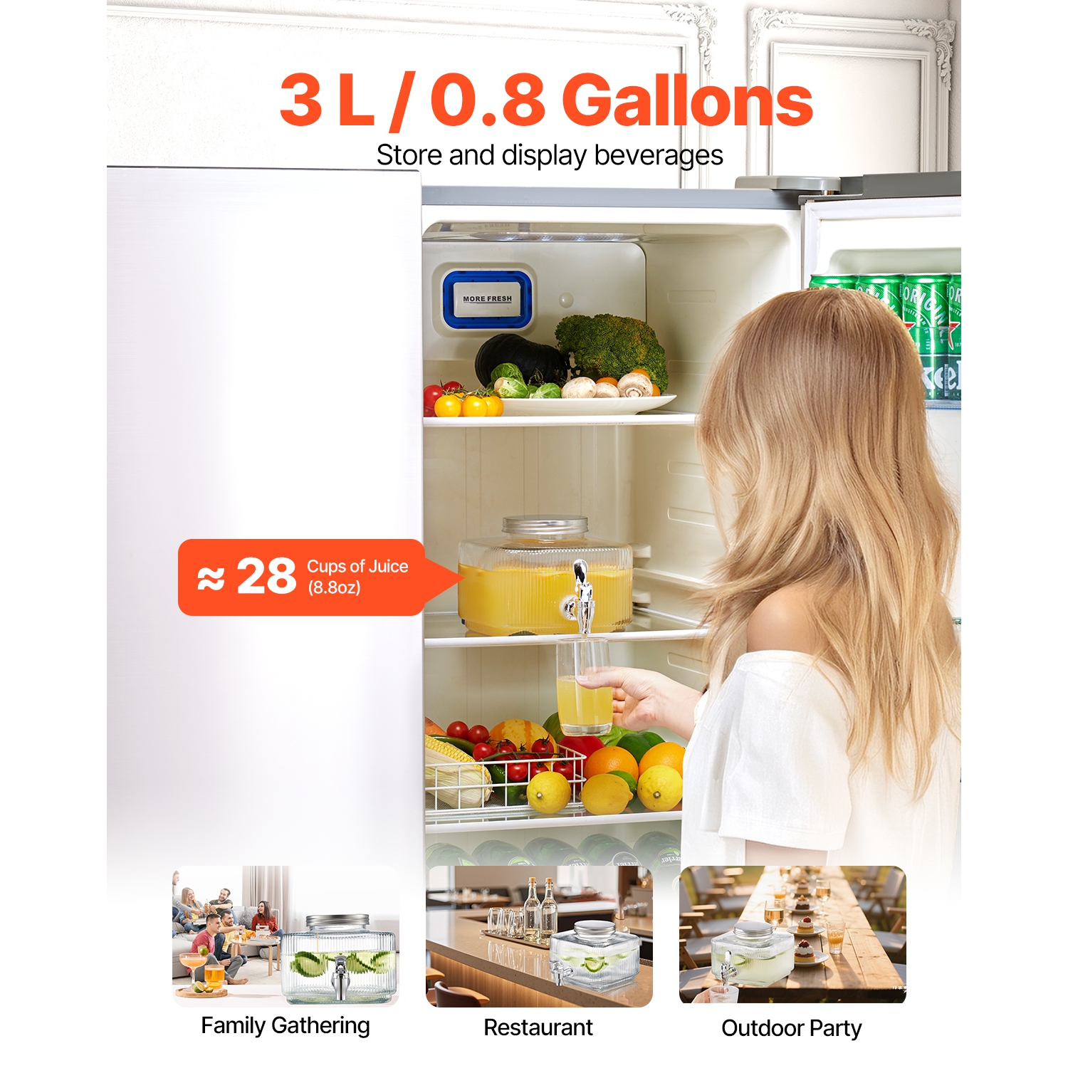 VEVOR 0.8 Gallon Beverage Dispenser, Drink Dispensers for Parties, Glass Juice Dispenser with No-Drip Spigot and Lid, Iced Tea Lemonade Juice Water