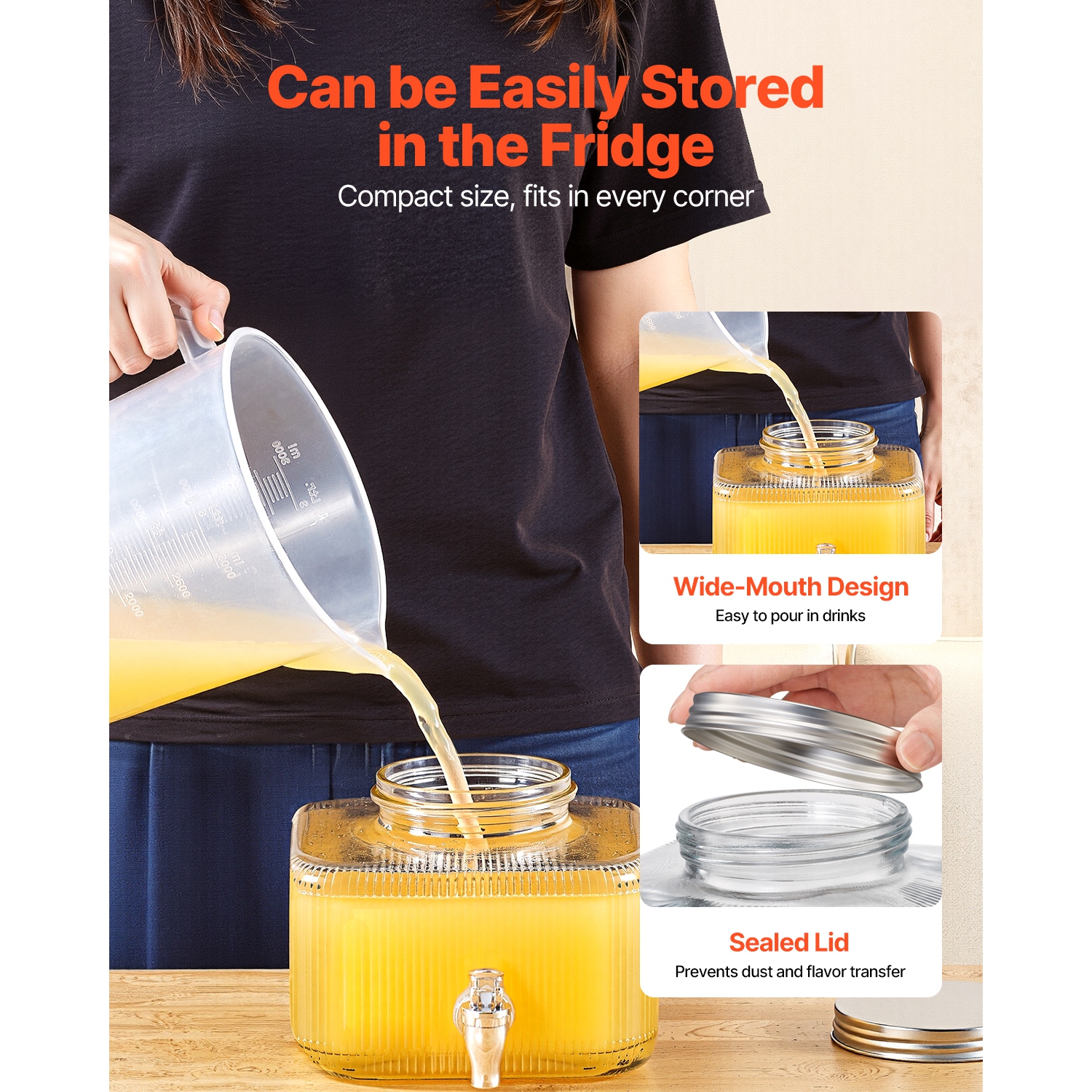 VEVOR 0.8 Gallon Beverage Dispenser, Drink Dispensers for Parties, Glass Juice Dispenser with No-Drip Spigot and Lid, Iced Tea Lemonade Juice Water