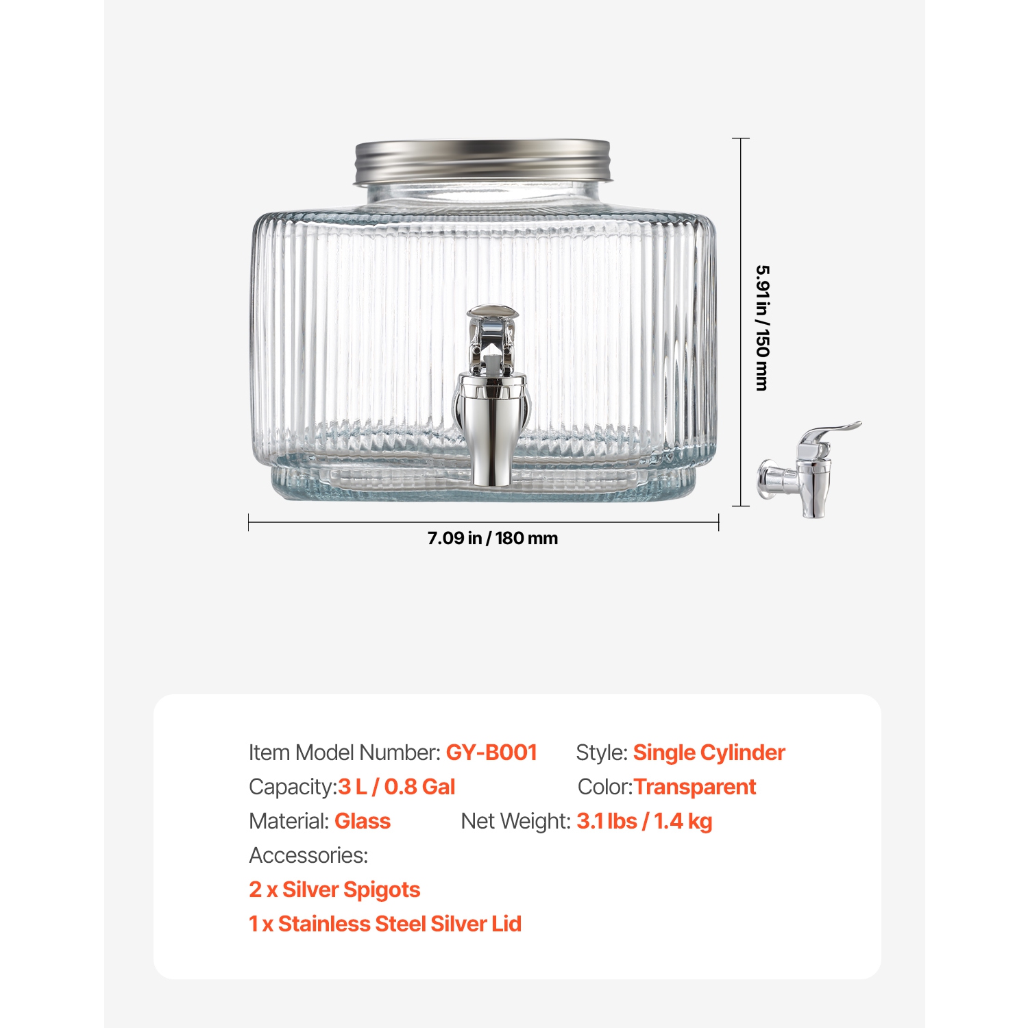 VEVOR 0.8 Gallon Beverage Dispenser, Drink Dispensers for Parties, Glass Juice Dispenser with No-Drip Spigot and Lid, Iced Tea Lemonade Juice Water