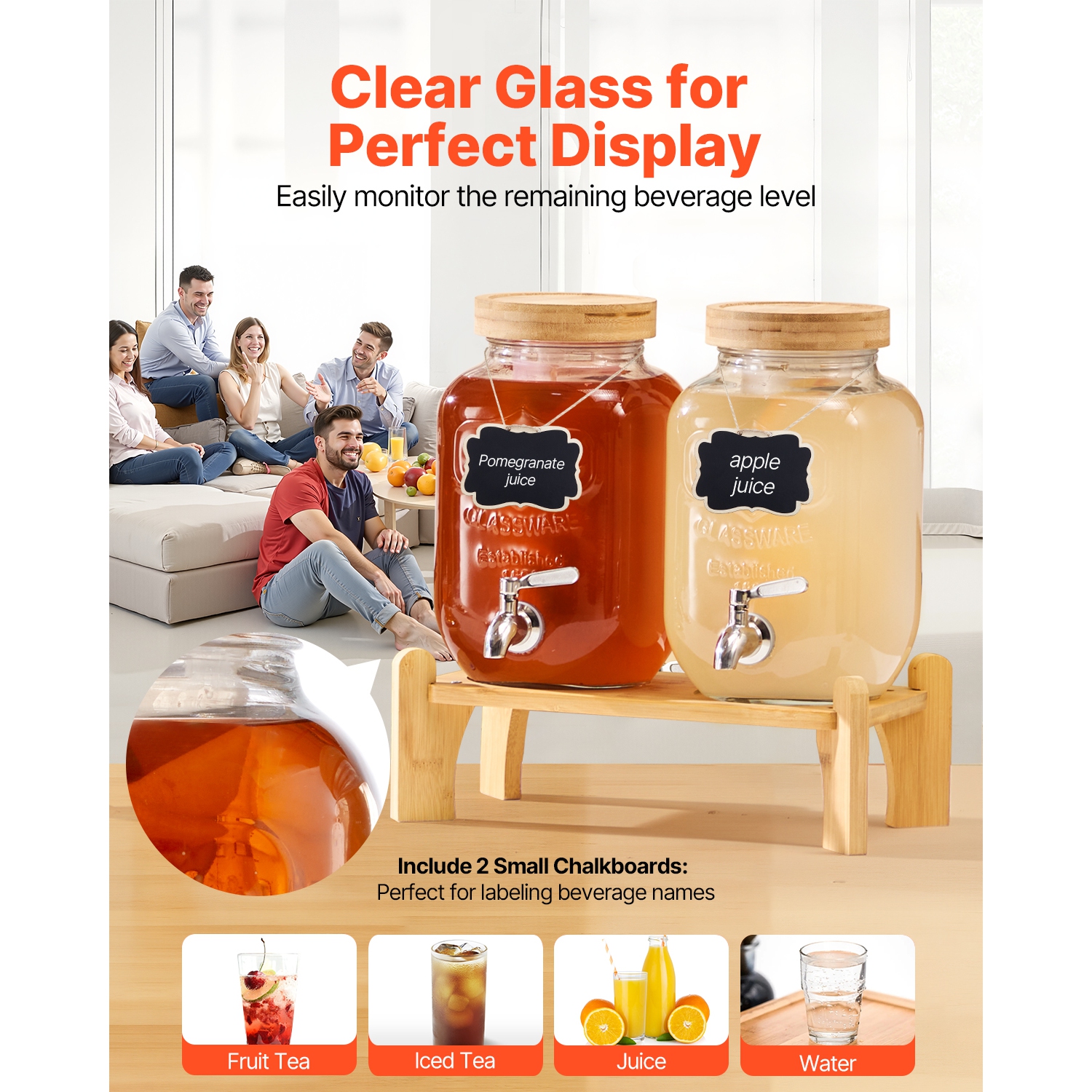 VEVOR 2 Pack 1 Gallon Beverage Dispenser, Drink Dispensers for Parties, Glass Juice Dispenser with Wood Stand, Stainless Steel Spigot, Iced Tea