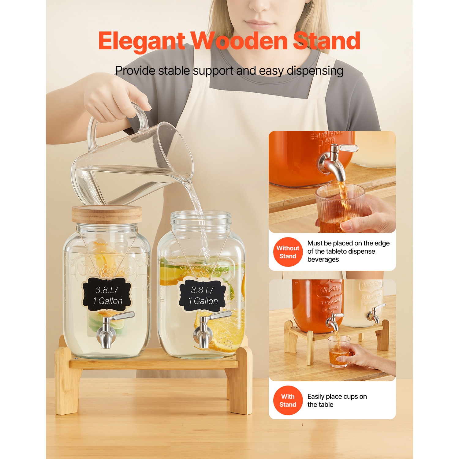 VEVOR 2 Pack 1 Gallon Beverage Dispenser, Drink Dispensers for Parties, Glass Juice Dispenser with Wood Stand, Stainless Steel Spigot, Iced Tea