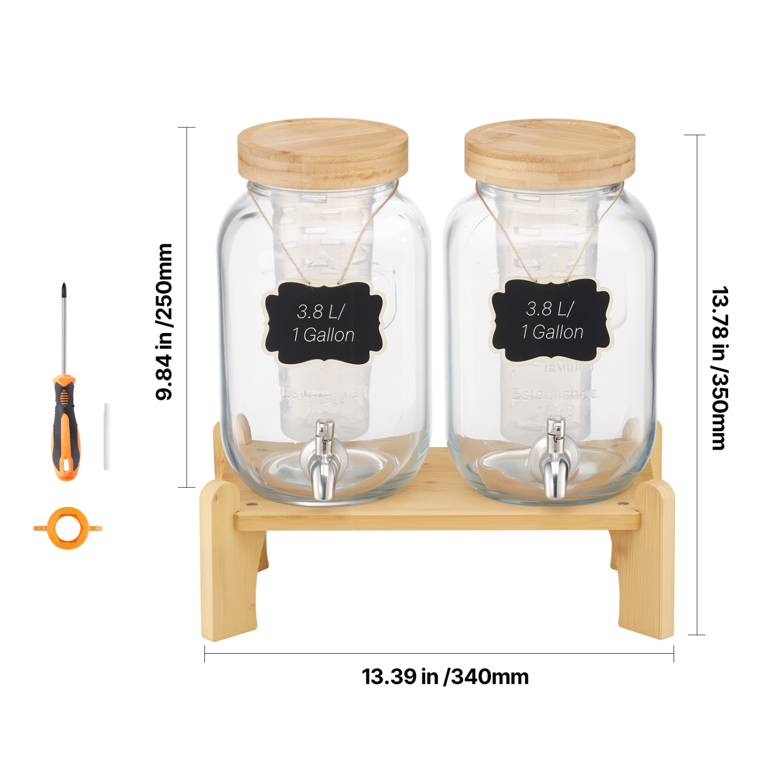 VEVOR 2 Pack 1 Gallon Beverage Dispenser, Drink Dispensers for Parties, Glass Juice Dispenser with Wood Stand, Stainless Steel Spigot, Iced Tea