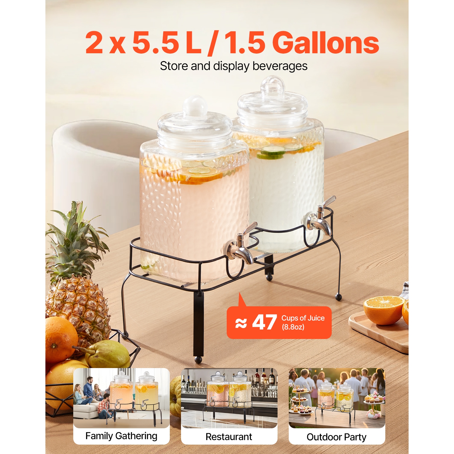 VEVOR 2 Pack 1.5 Gallon Beverage Dispenser, Drink Dispensers for Parties, Glass Juice Dispenser with Metal Stand, Stainless Steel Spigot, Iced Tea