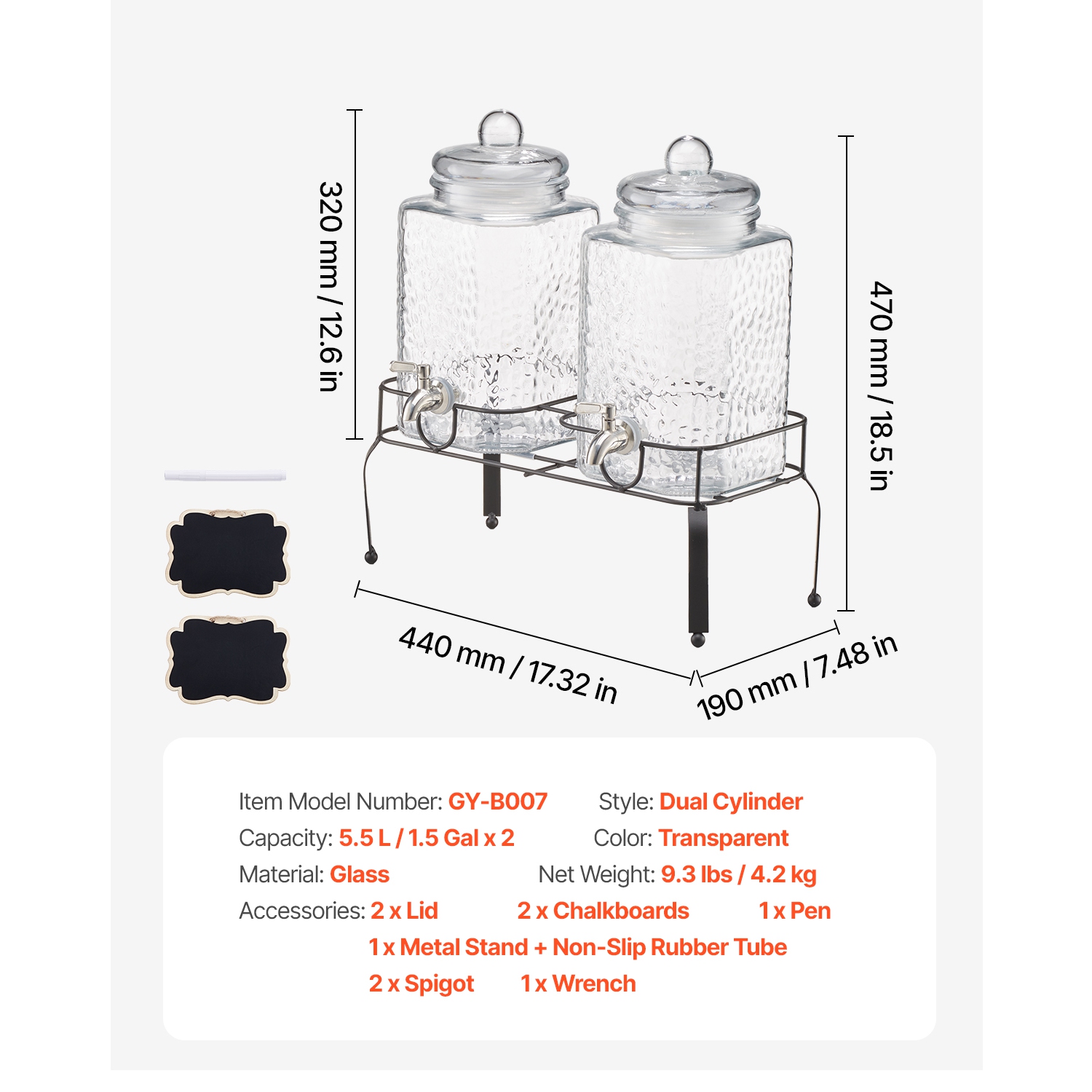 VEVOR 2 Pack 1.5 Gallon Beverage Dispenser, Drink Dispensers for Parties, Glass Juice Dispenser with Metal Stand, Stainless Steel Spigot, Iced Tea