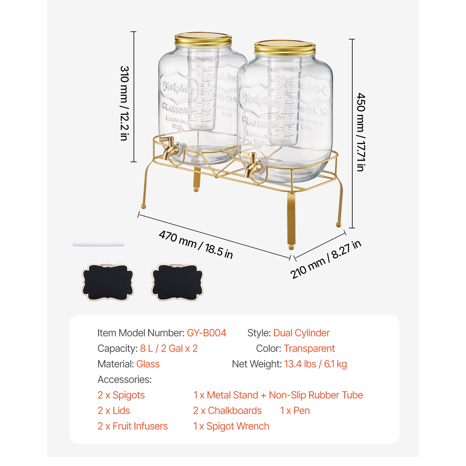 VEVOR 2 Pack 2 Gallon Beverage Dispenser, Drink Dispensers for Parties, Glass Juice Dispenser with Metal Stand, Stainless Steel Spigot, Iced Tea
