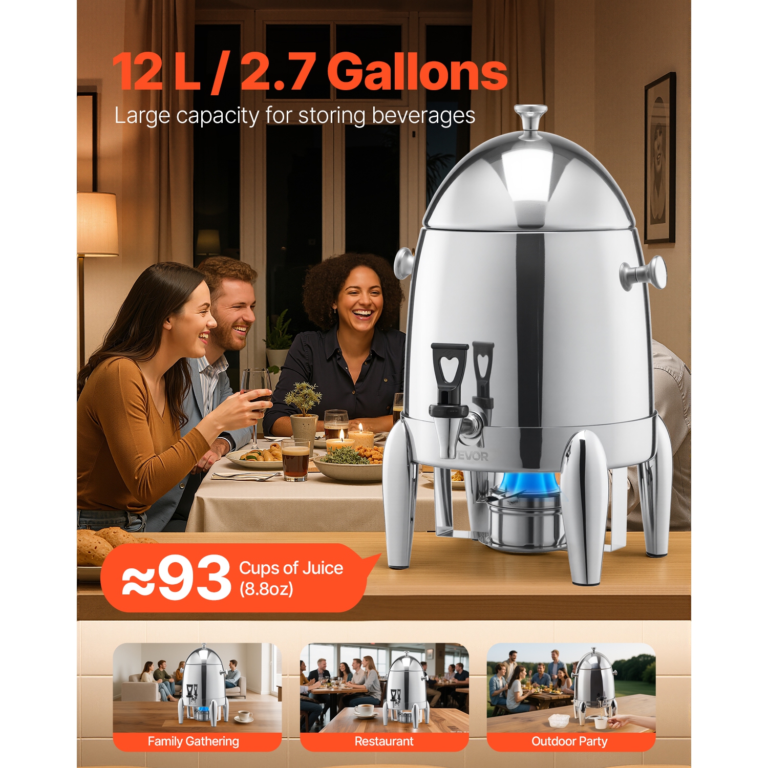 VEVOR 2.7 Gallon Stainless Steel Beverage Dispenser, Drink Dispenser with Alcohol Burner, Hot & Cold Drink Dispensers for Coffee Tea Hot Water, with