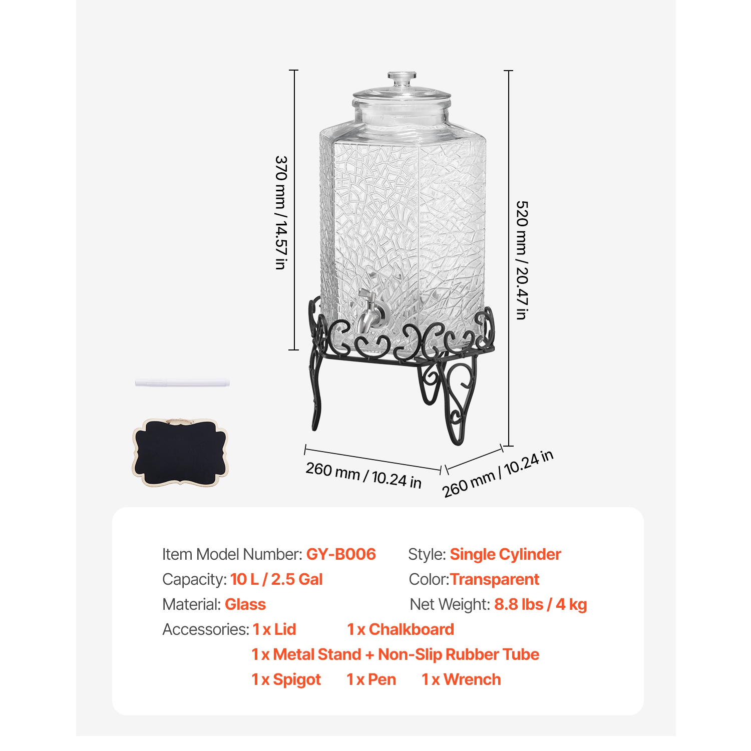 VEVOR 2.5 Gallon Beverage Dispenser, Drink Dispensers for Parties, Glass Juice Dispenser with Metal Stand, Stainless Steel Spigot, Iced Tea Lemonade