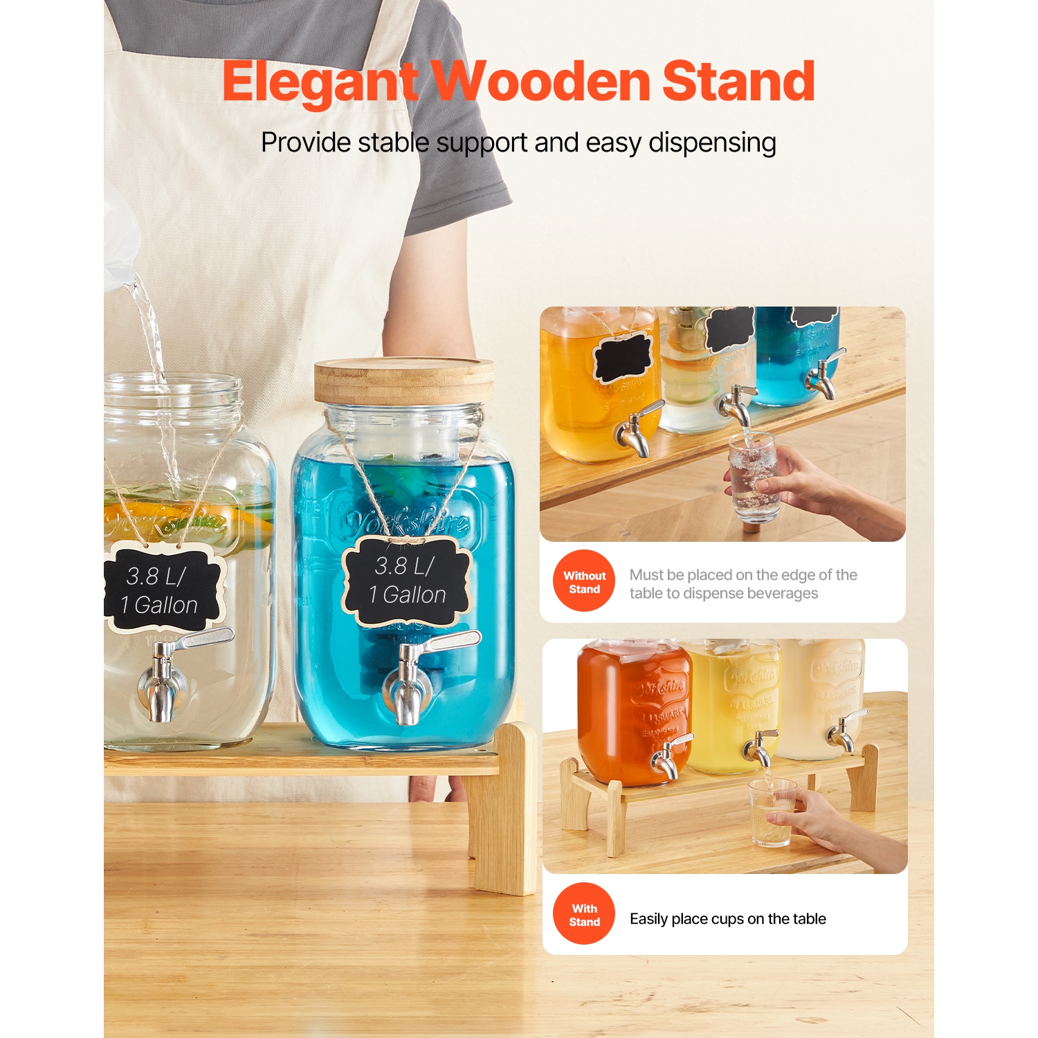 VEVOR 3 Pack 1 Gallon Beverage Dispenser, Drink Dispensers for Parties, Glass Juice Dispenser with Wood Stand, Stainless Steel Spigot, Iced Tea