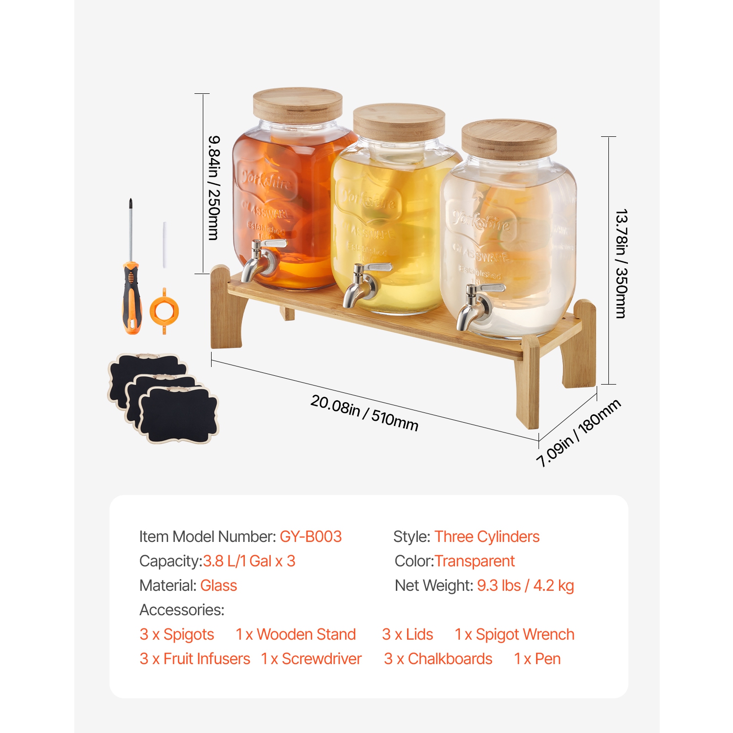 VEVOR 3 Pack 1 Gallon Beverage Dispenser, Drink Dispensers for Parties, Glass Juice Dispenser with Wood Stand, Stainless Steel Spigot, Iced Tea