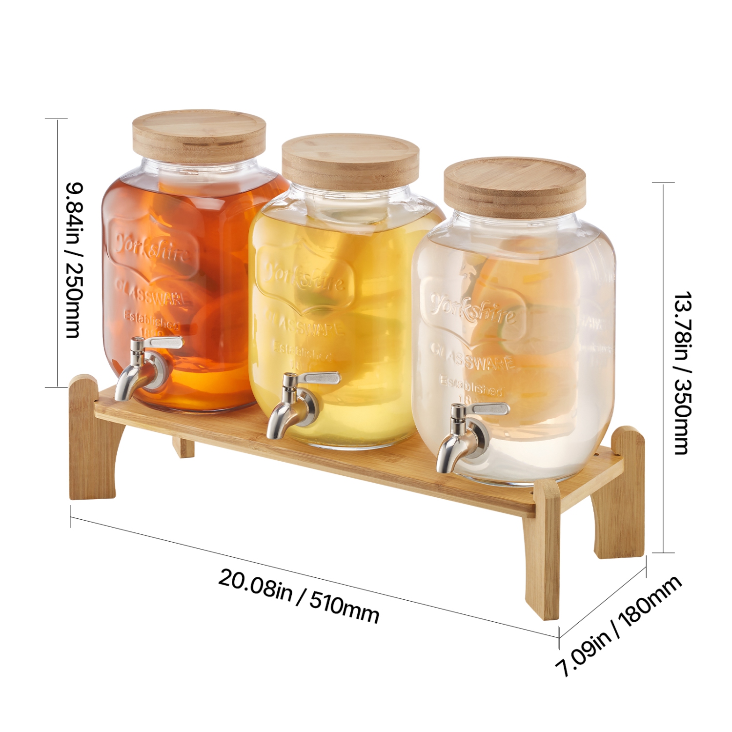 VEVOR 3 Pack 1 Gallon Beverage Dispenser, Drink Dispensers for Parties, Glass Juice Dispenser with Wood Stand, Stainless Steel Spigot, Iced Tea