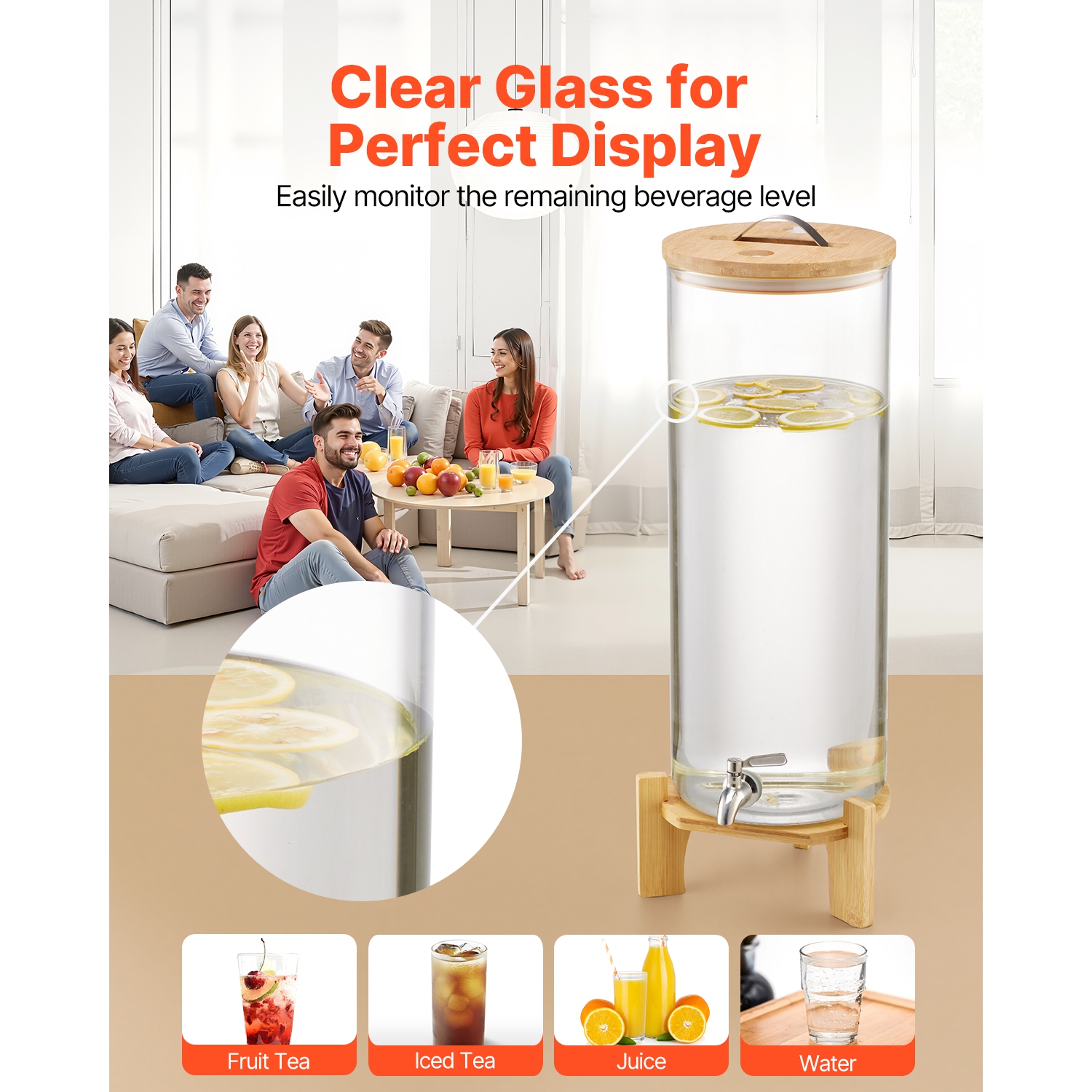 VEVOR 3.5 Gallon Beverage Dispenser, Drink Dispensers for Parties, Glass Juice Dispenser with Wood Stand, Stainless Steel Spigot, Iced Tea Lemonade