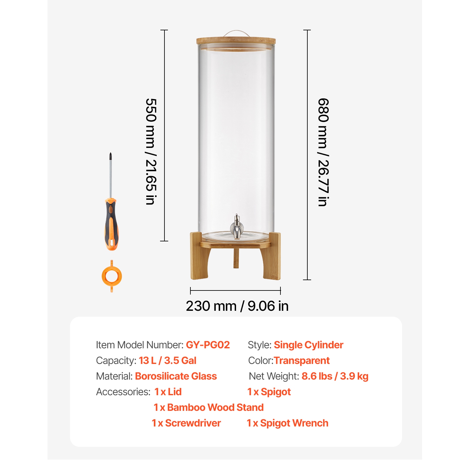 VEVOR 3.5 Gallon Beverage Dispenser, Drink Dispensers for Parties, Glass Juice Dispenser with Wood Stand, Stainless Steel Spigot, Iced Tea Lemonade
