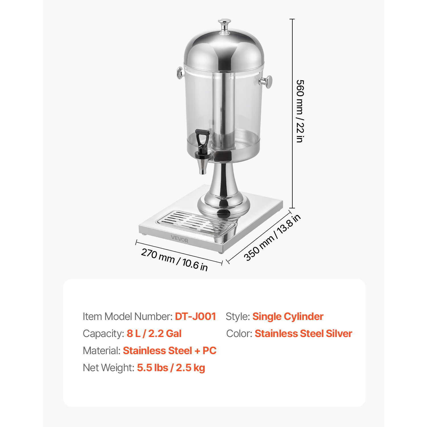 VEVOR 2.1 Gallon Beverage Dispenser, Drink Dispenser for Parties, Stainless Steel + Plastic Juice Dispensers with Spigot Ice Chamber Tray, Iced Tea