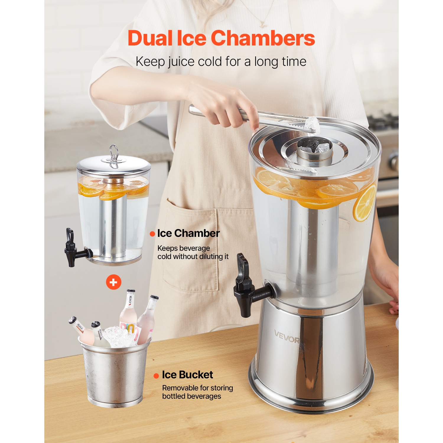 VEVOR 2.1 Gallon Beverage Dispenser, Drink Dispenser for Parties, Stainless Steel + Plastic Juice Dispensers with Spigot Ice Chamber, Iced Tea