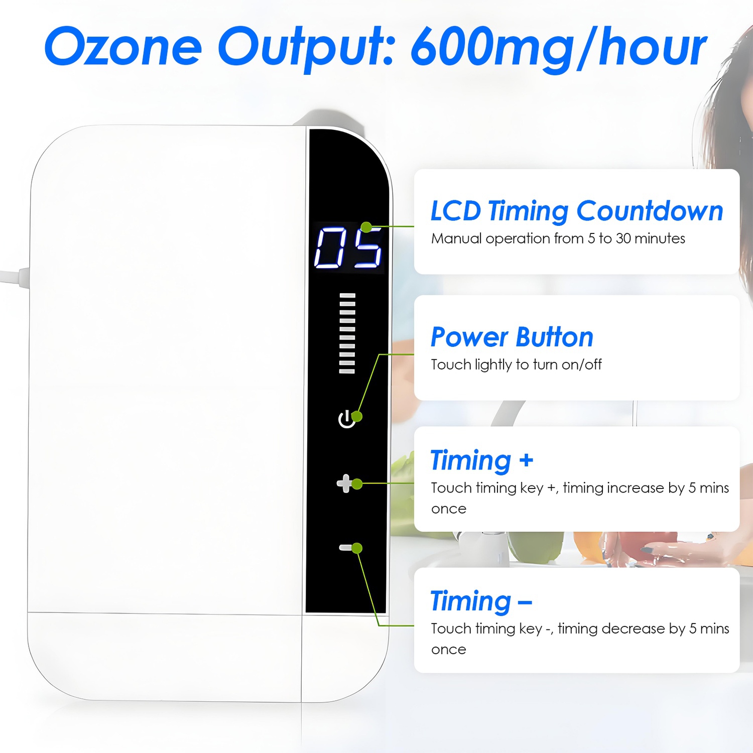 Ozone Generator Machine Portable Multipurpose Digital Ozone Generator with Timer for Water, Vegetable, Fruit, Meat 600mg/h