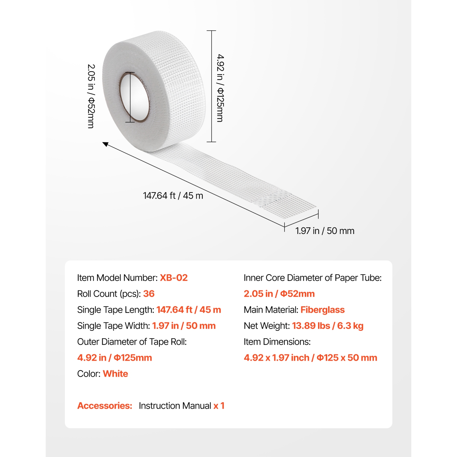 VEVOR 1.97 inch W x 147.64 ft L Drywall Mesh Tape, Self-Adhesive Fiberglass Drywall Joint Tape, 36 Rolls Dry Wall Patch for Easy Sheetrock Ceiling
