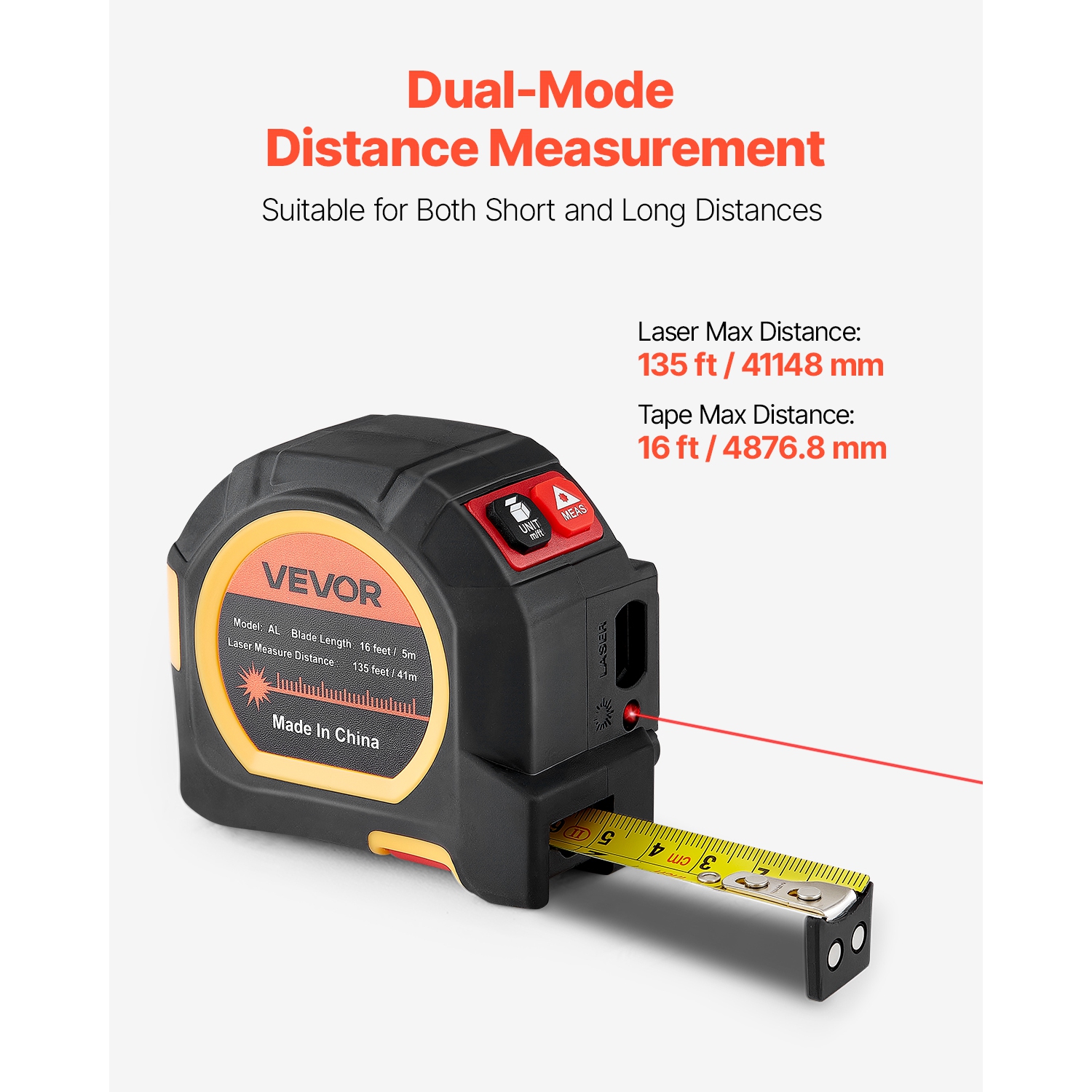 VEVOR 2-in-1 Laser Tape Measure, 135Ft Rechargeable Laser Measurement Tool & 16Ft Measuring Tape with Magnetic, 4 Modes-Length, Area, Volume,
